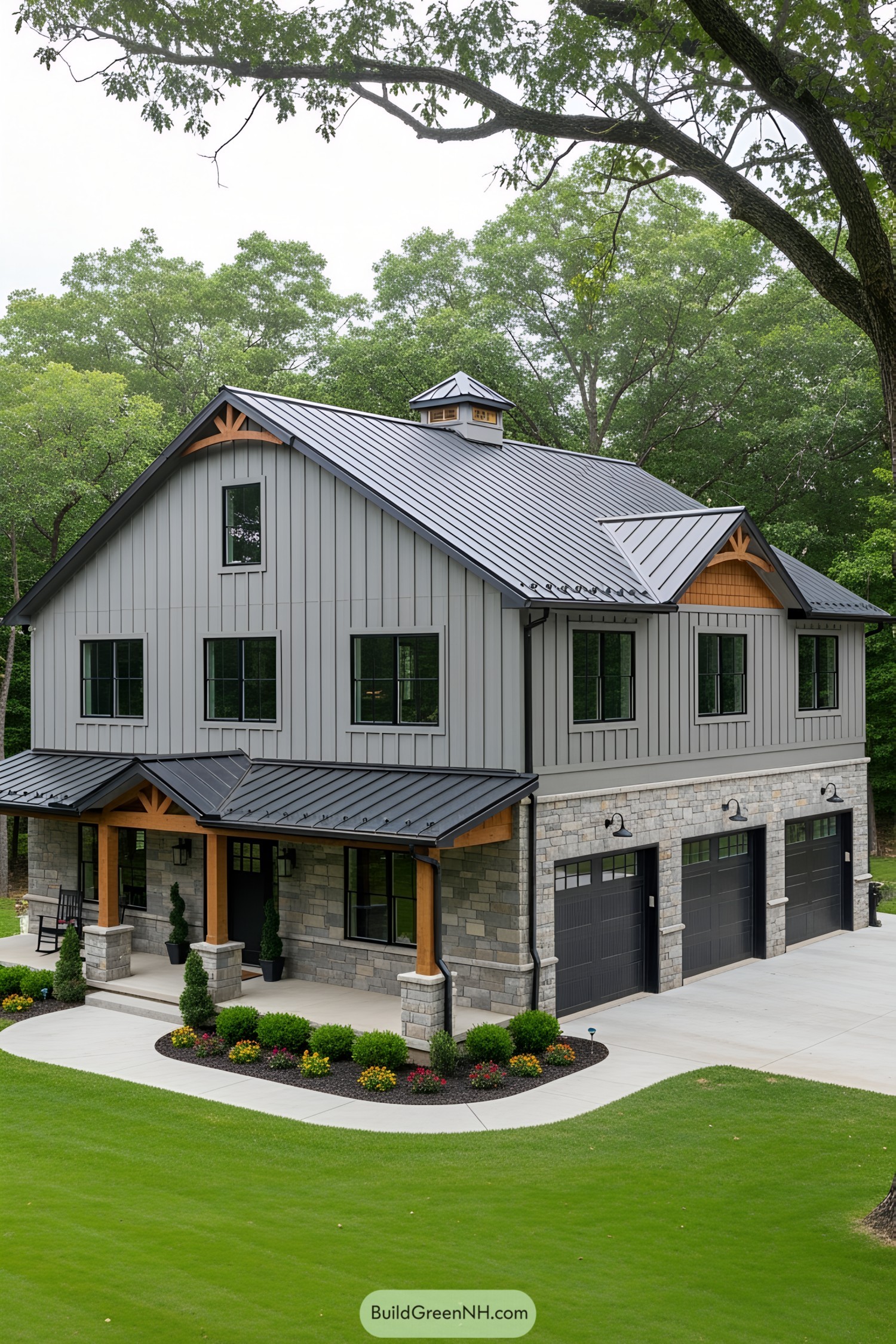 Gray barndominium blending modern and rustic styles