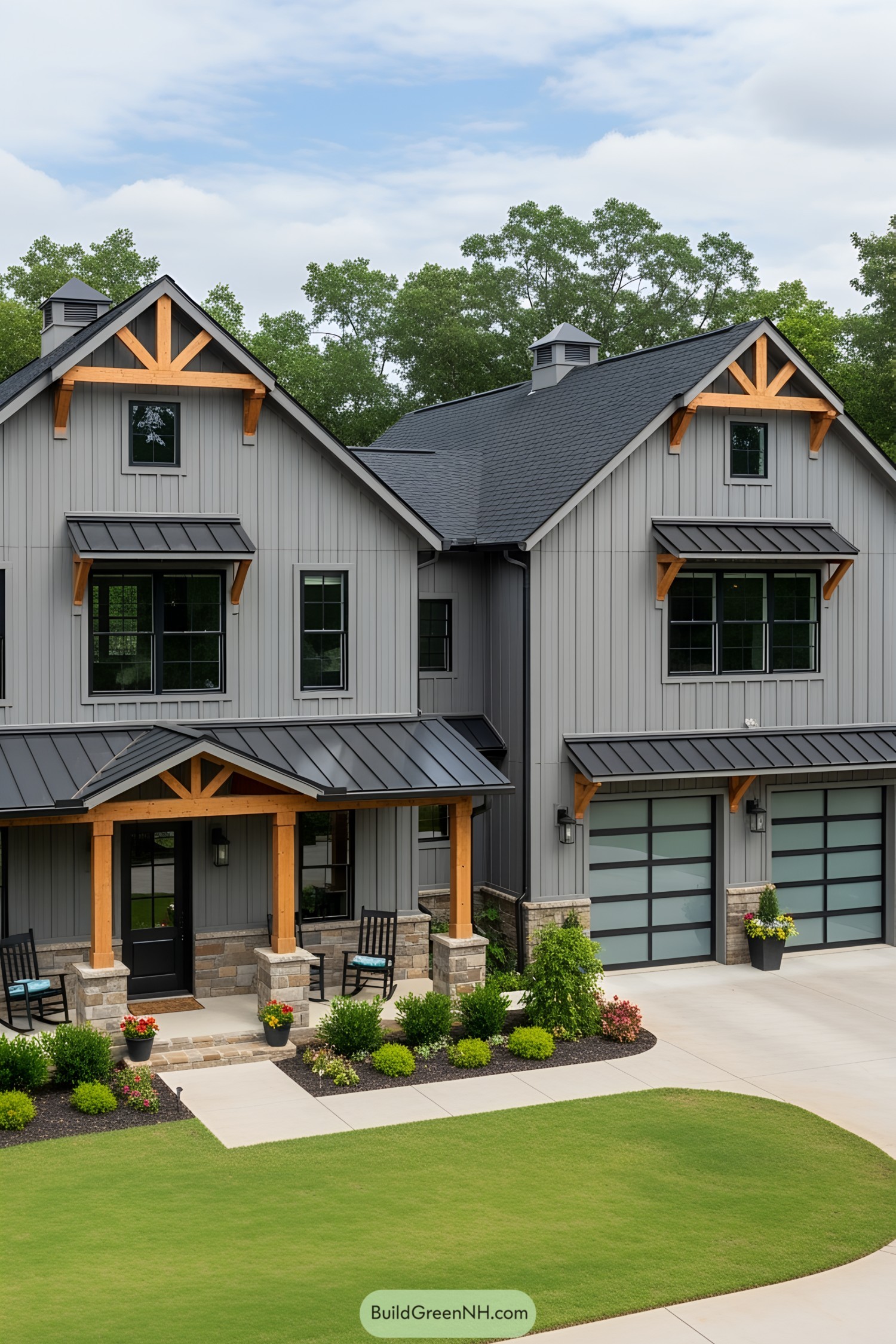 Gray barndominium with natural wood accents