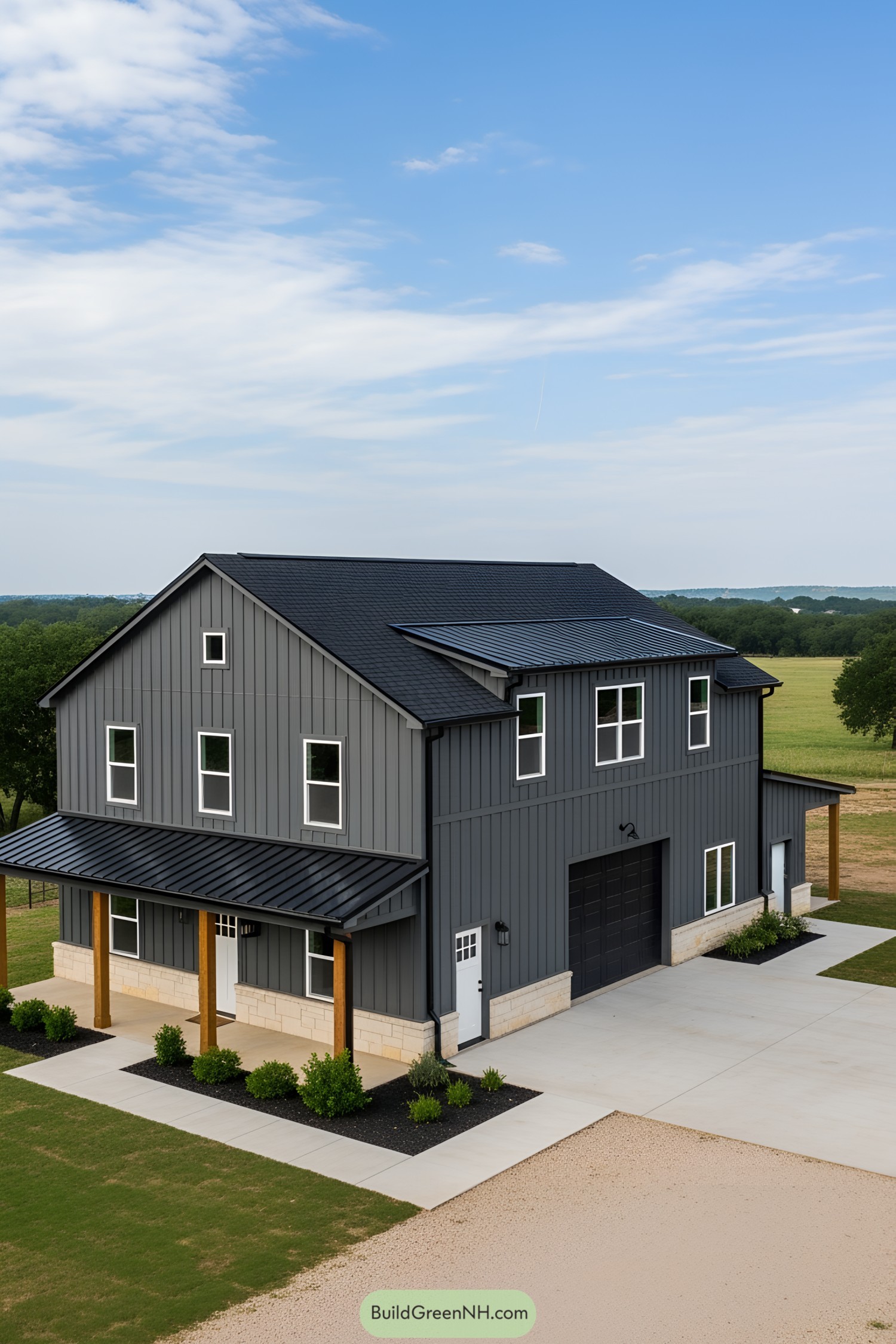Gray barndominium with wood accents and green surroundings