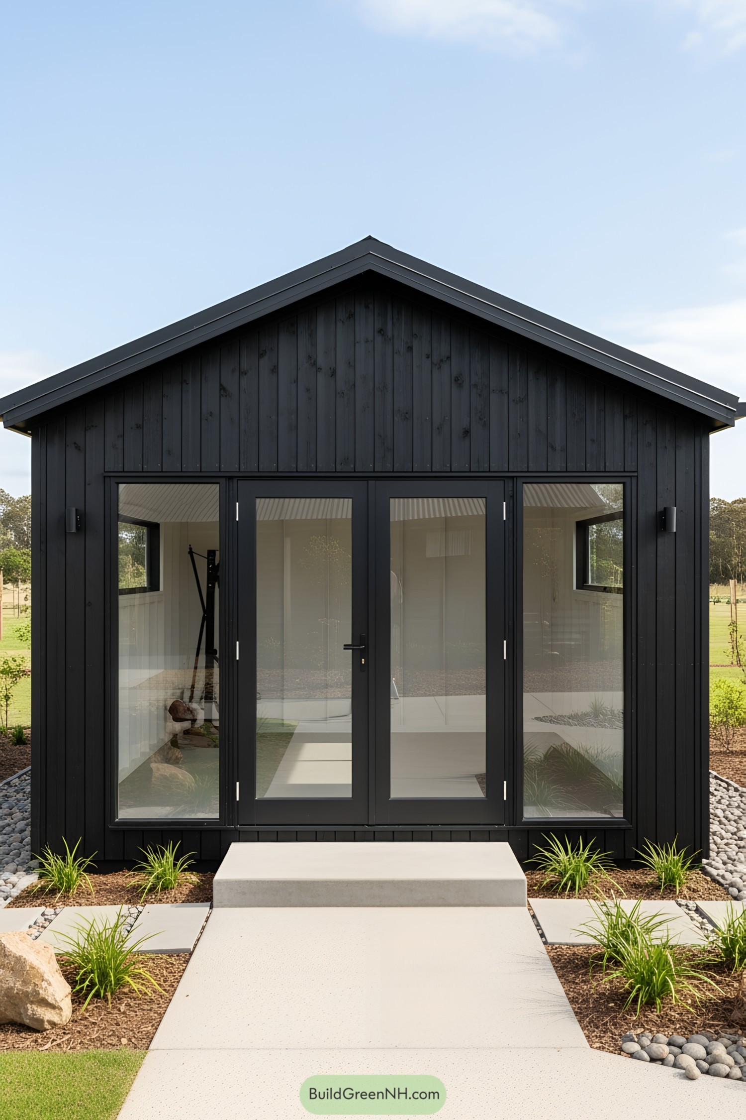 Compact black shed with glass doors and a garden path