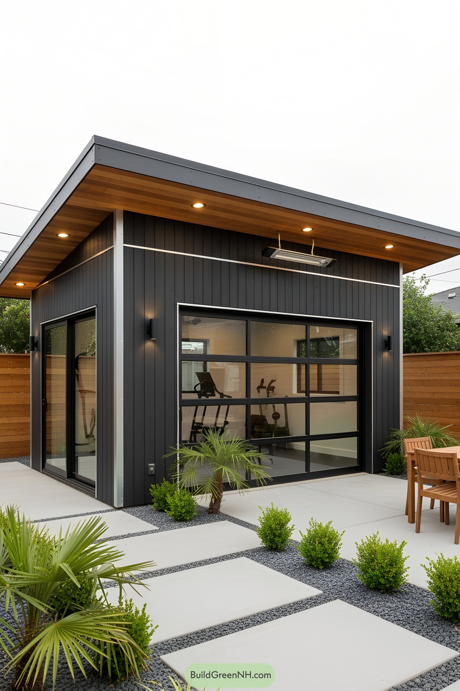 Stylish gym shed with large windows and modern design