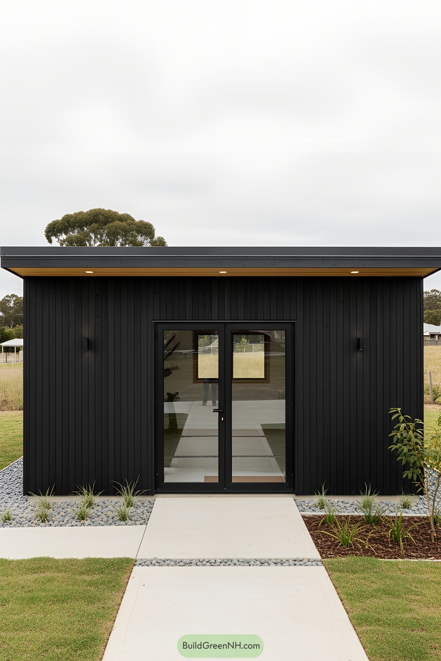 Modern black shed with glass doors