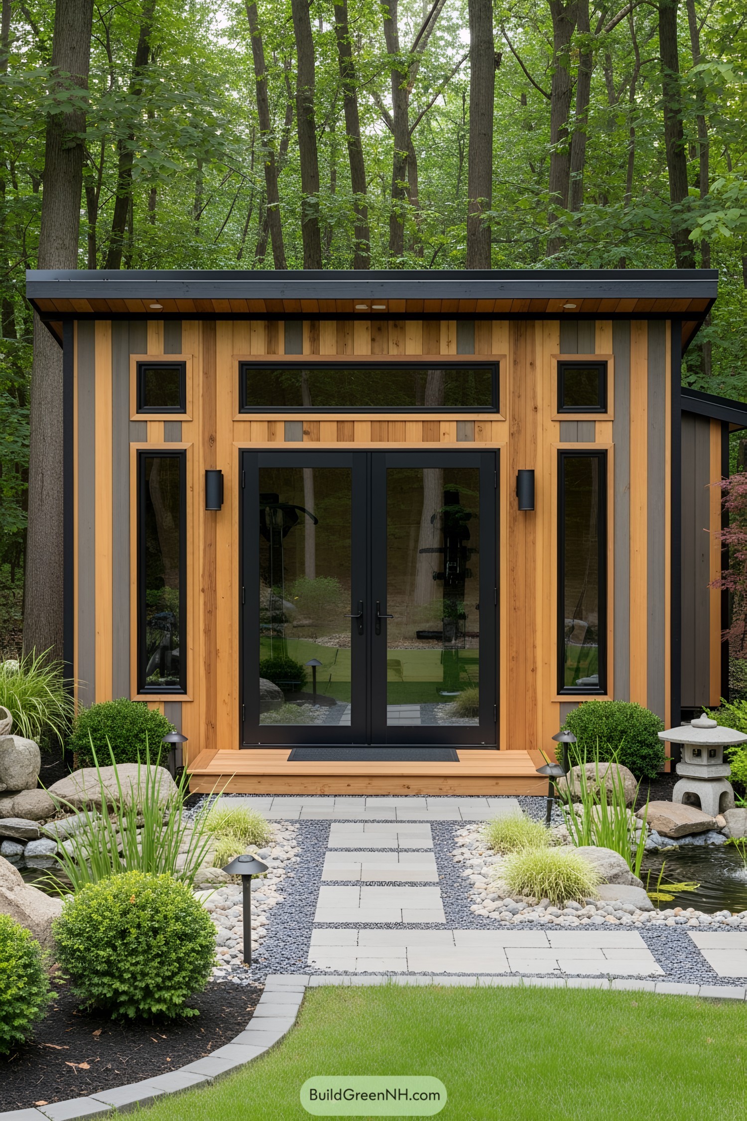 Compact wooden gym shed with glass doors in a lush forest setting