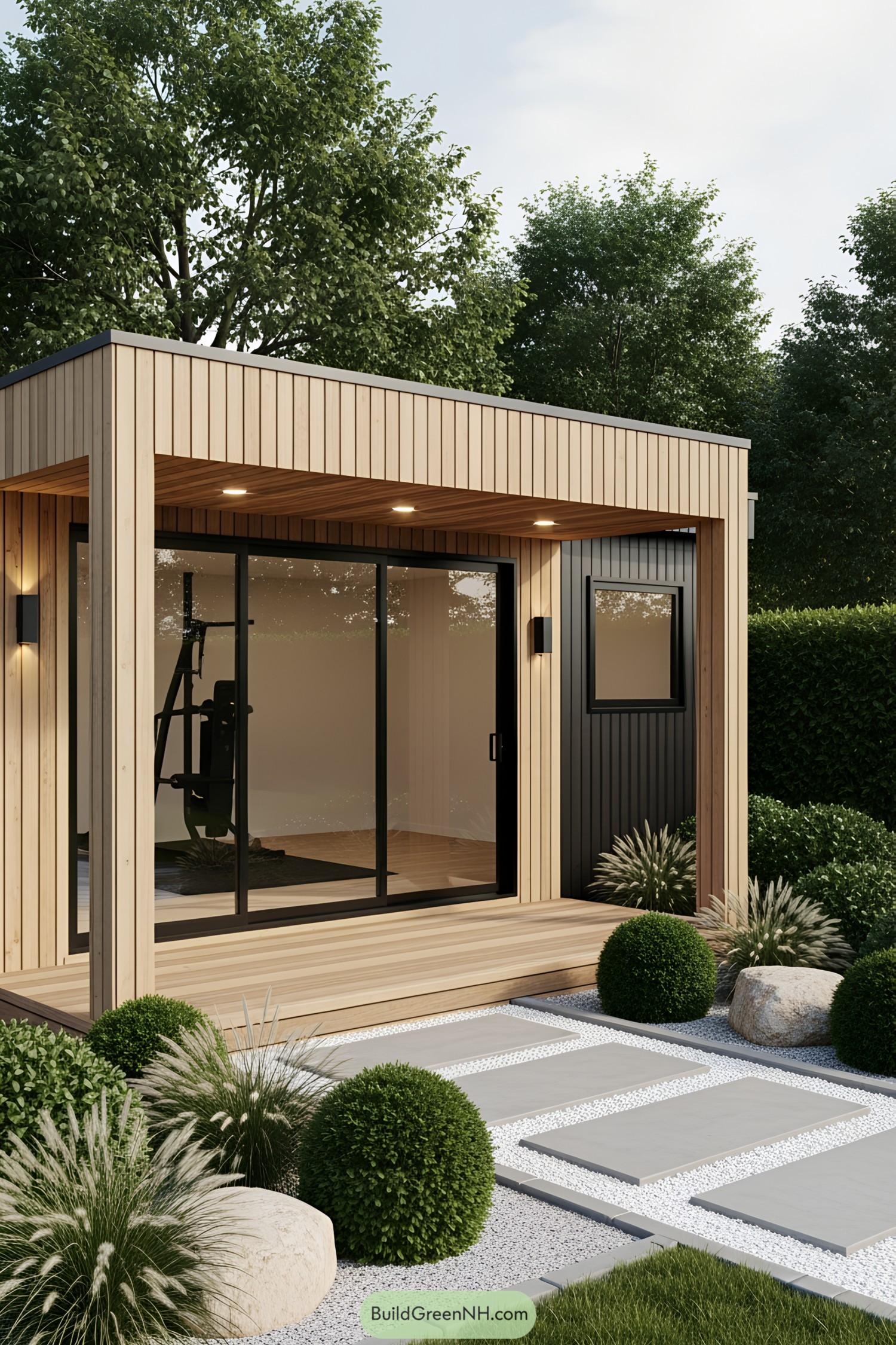 Compact wooden gym shed with glass doors