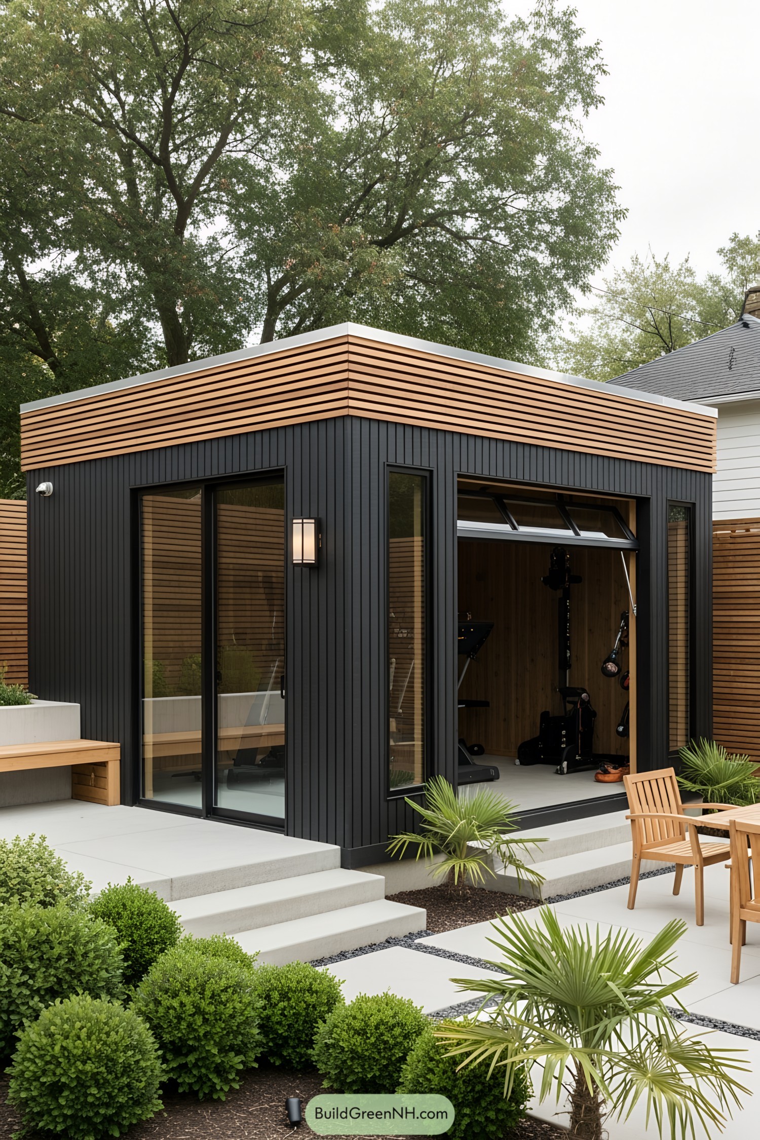 Sleek backyard gym shed with wood and glass elements