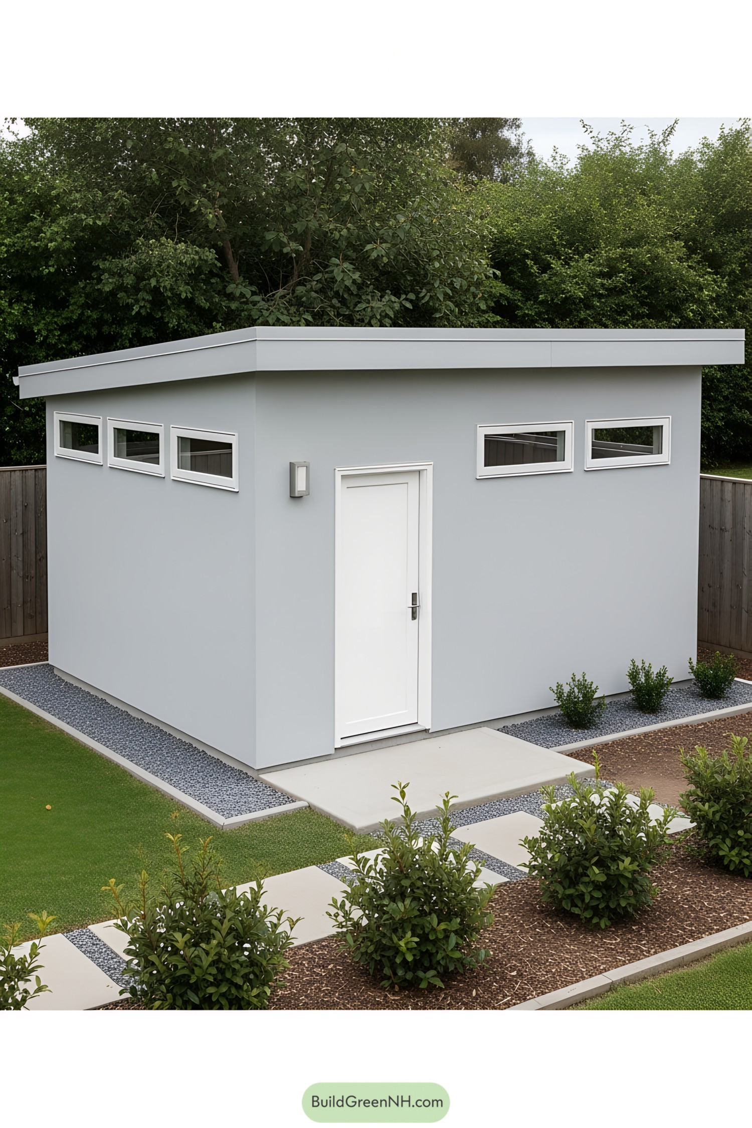 Compact modern gym shed with sleek design in garden setting