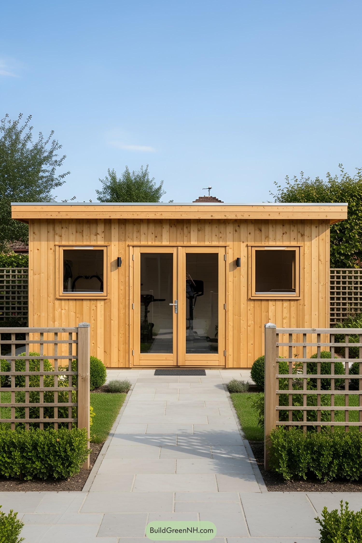Wooden shed with glass doors and pathway