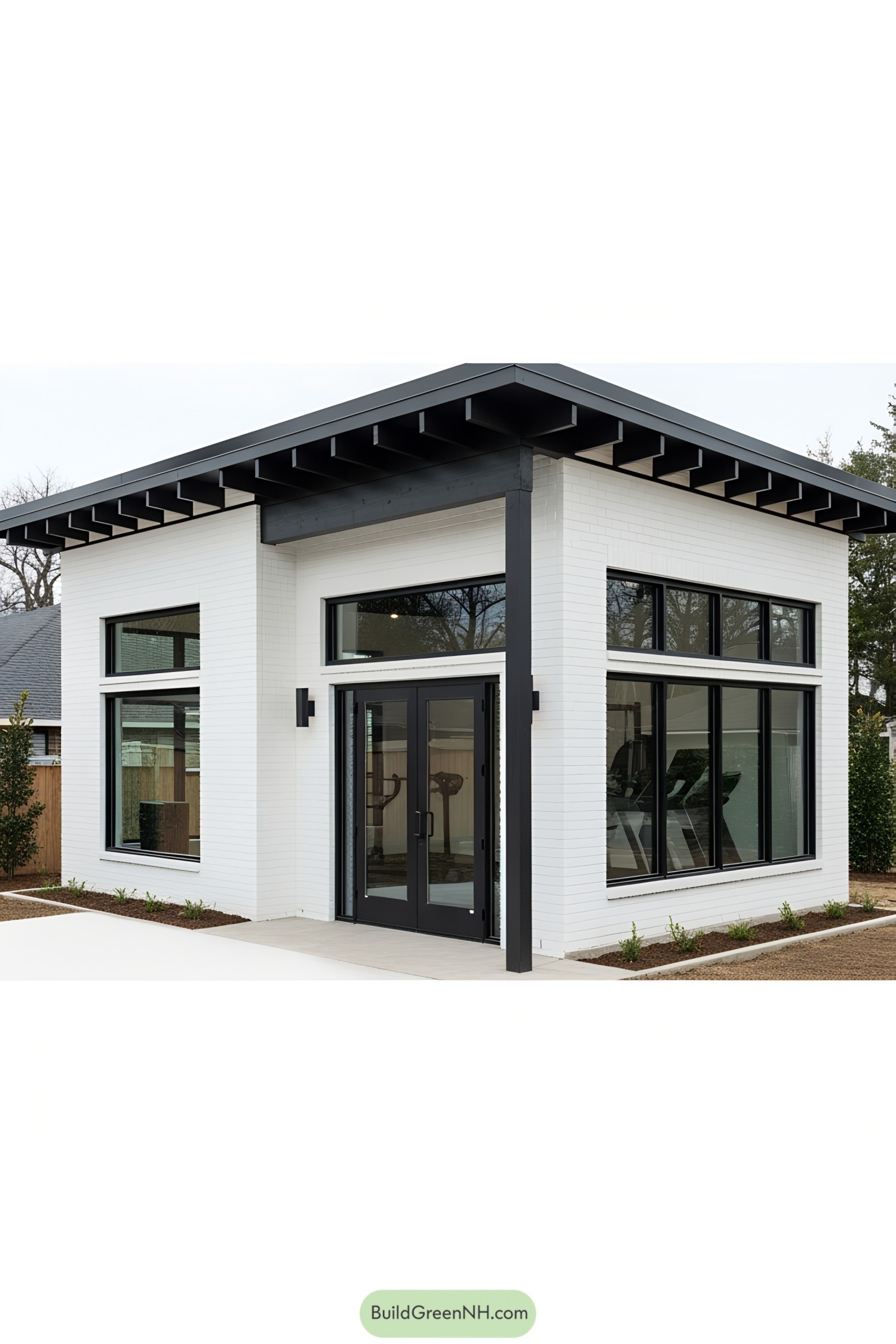 Modern shed with large windows and sleek design