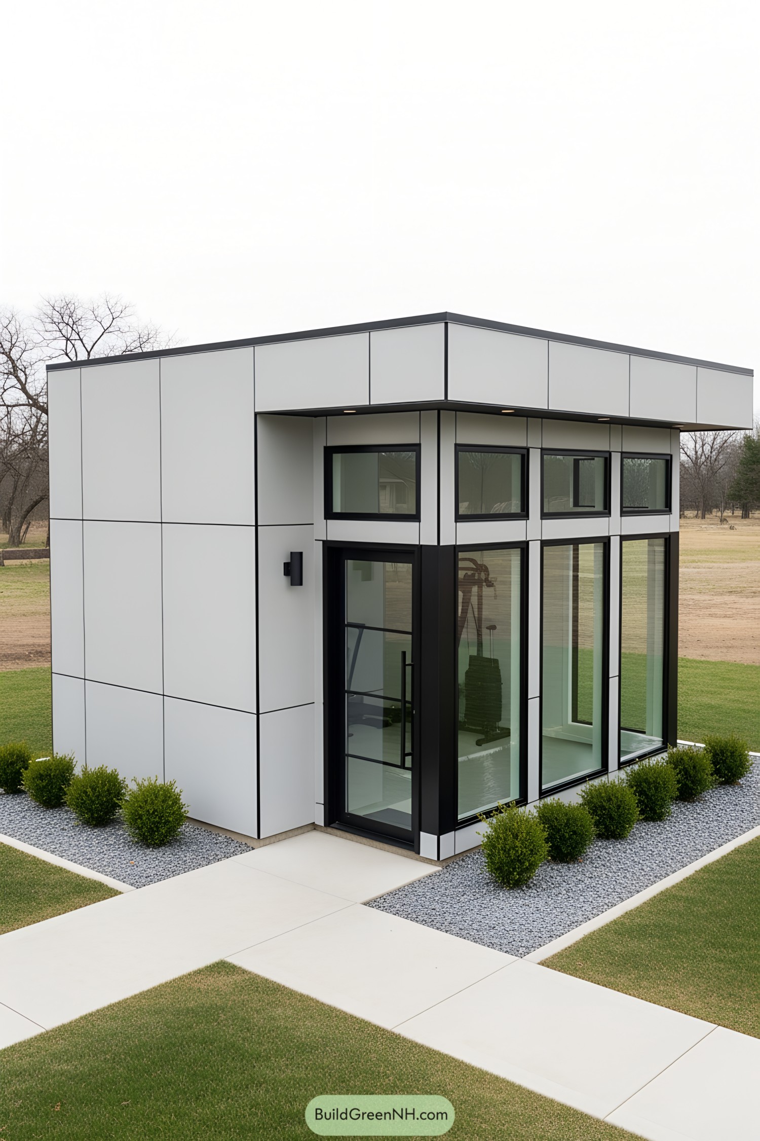 Modern gym shed with large windows and minimalist design