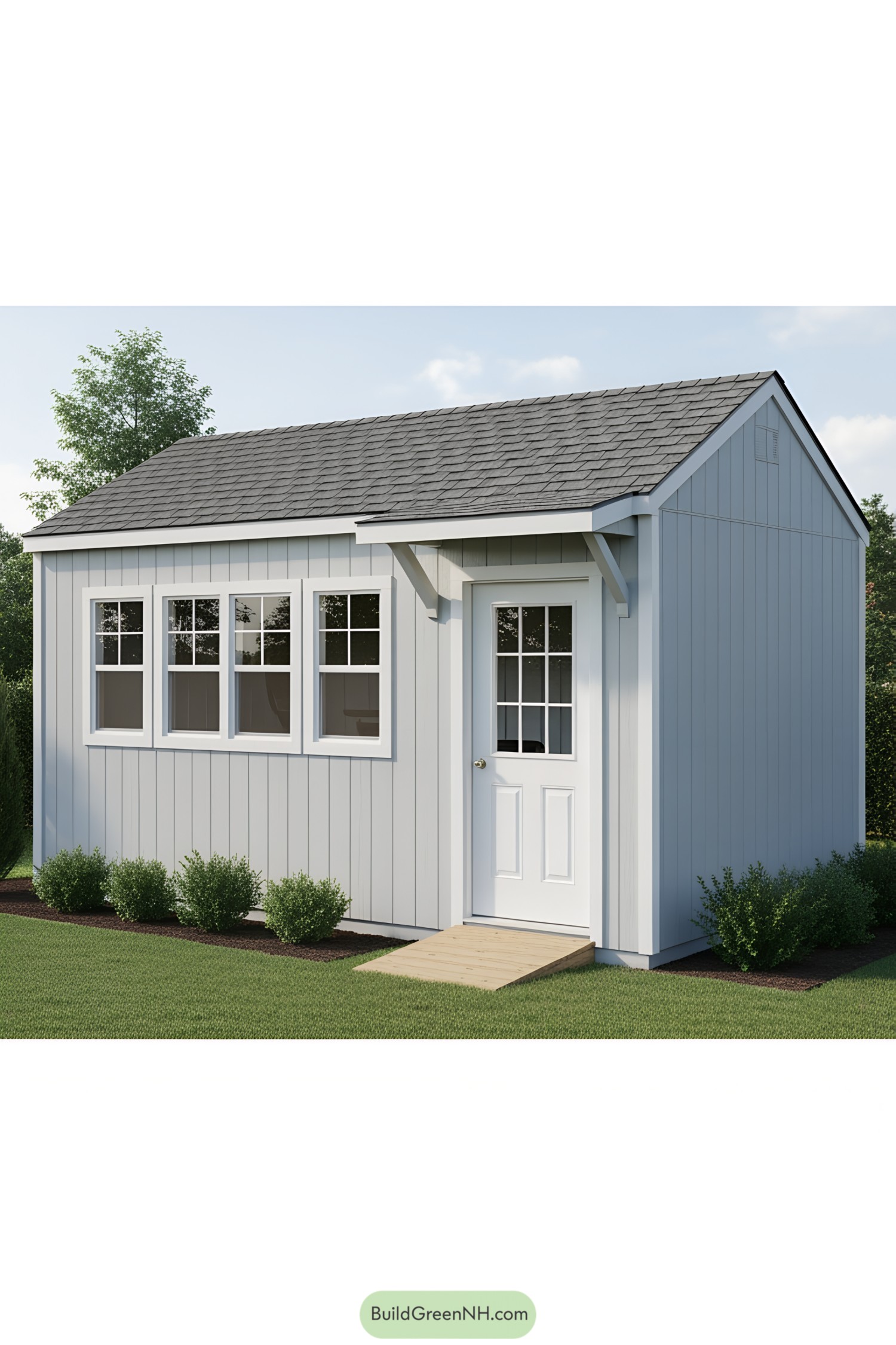 Small grey shed with white door and windows