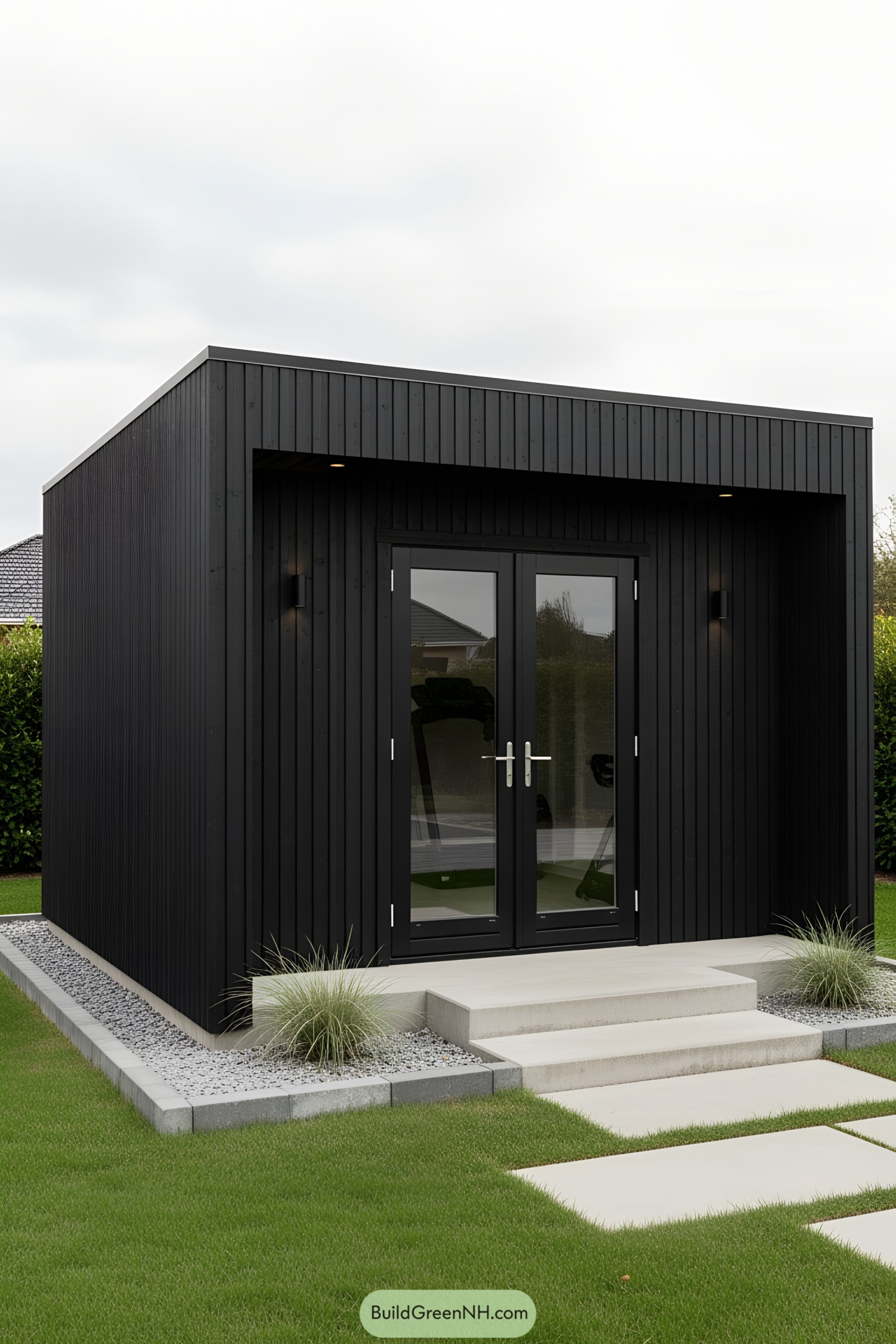 Sleek, modern gym shed with glass doors and lush greenery