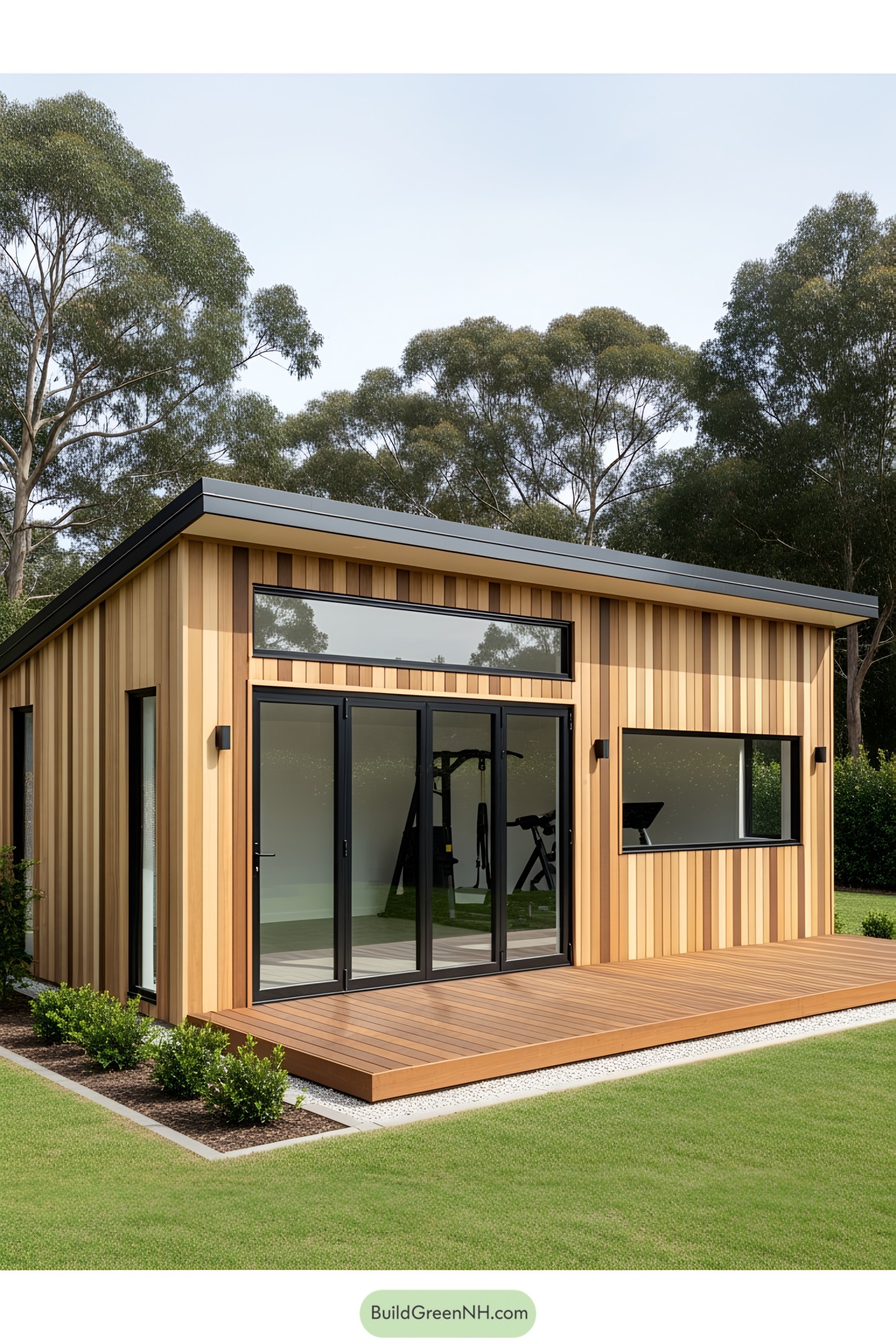 Wooden gym shed with glass doors and deck