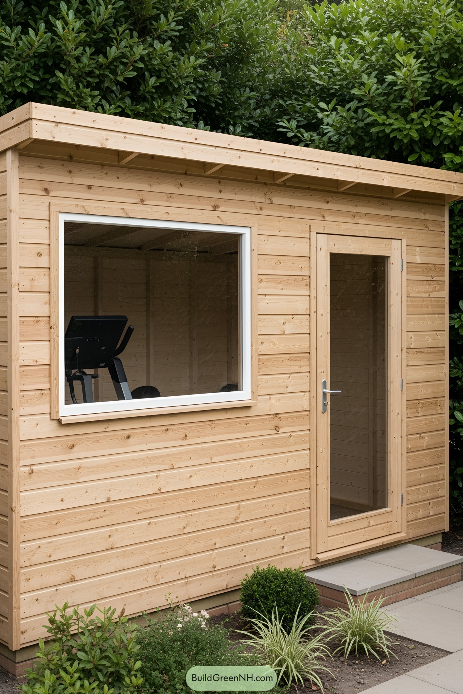 Compact wooden gym shed nestled in greenery