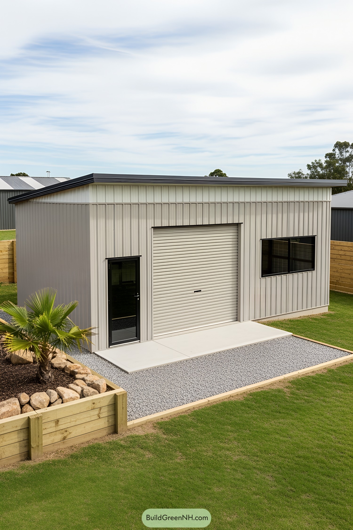 Modern shed with a rolling door, glass entry, and a gravel path