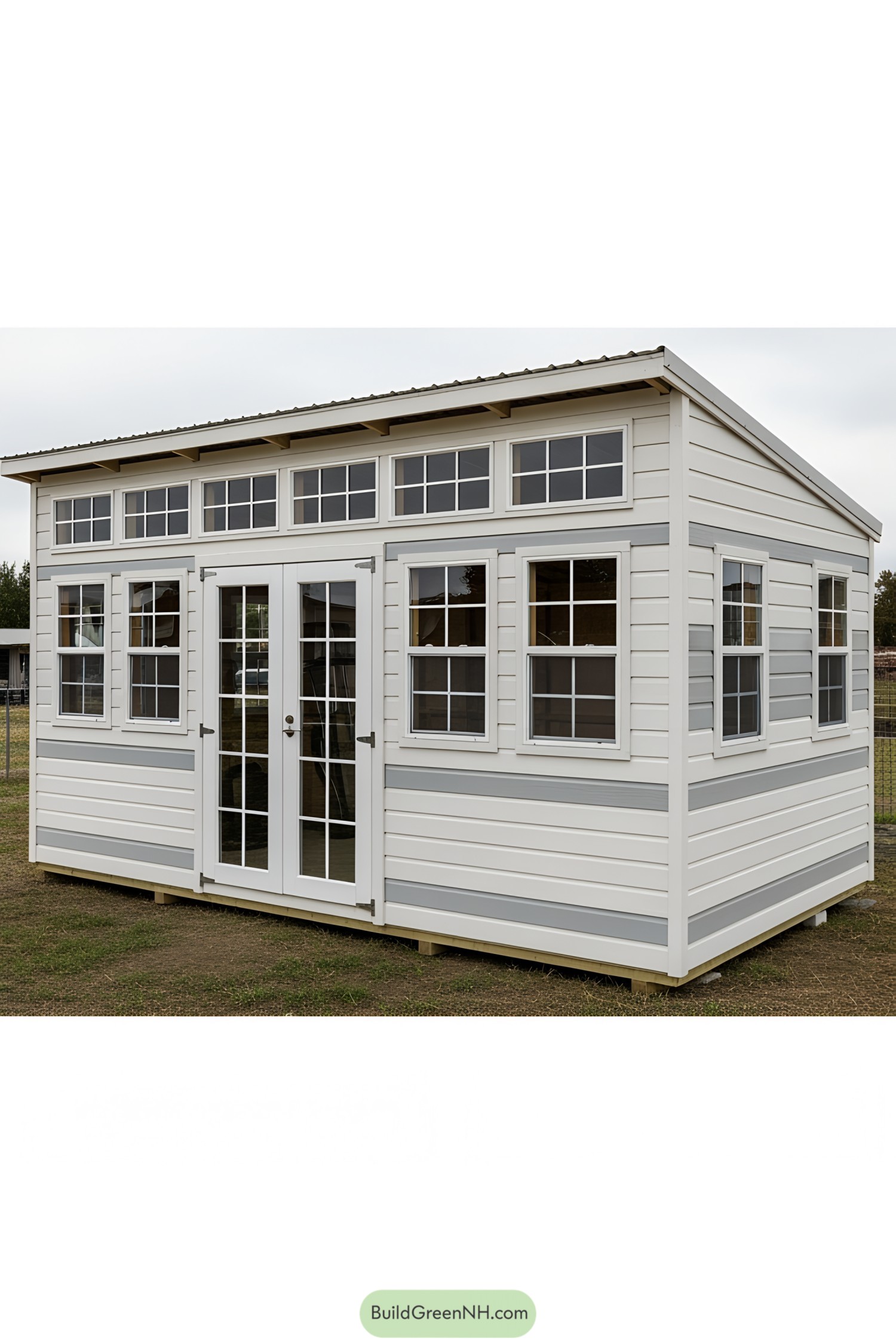 Compact gym shed with large windows and white siding