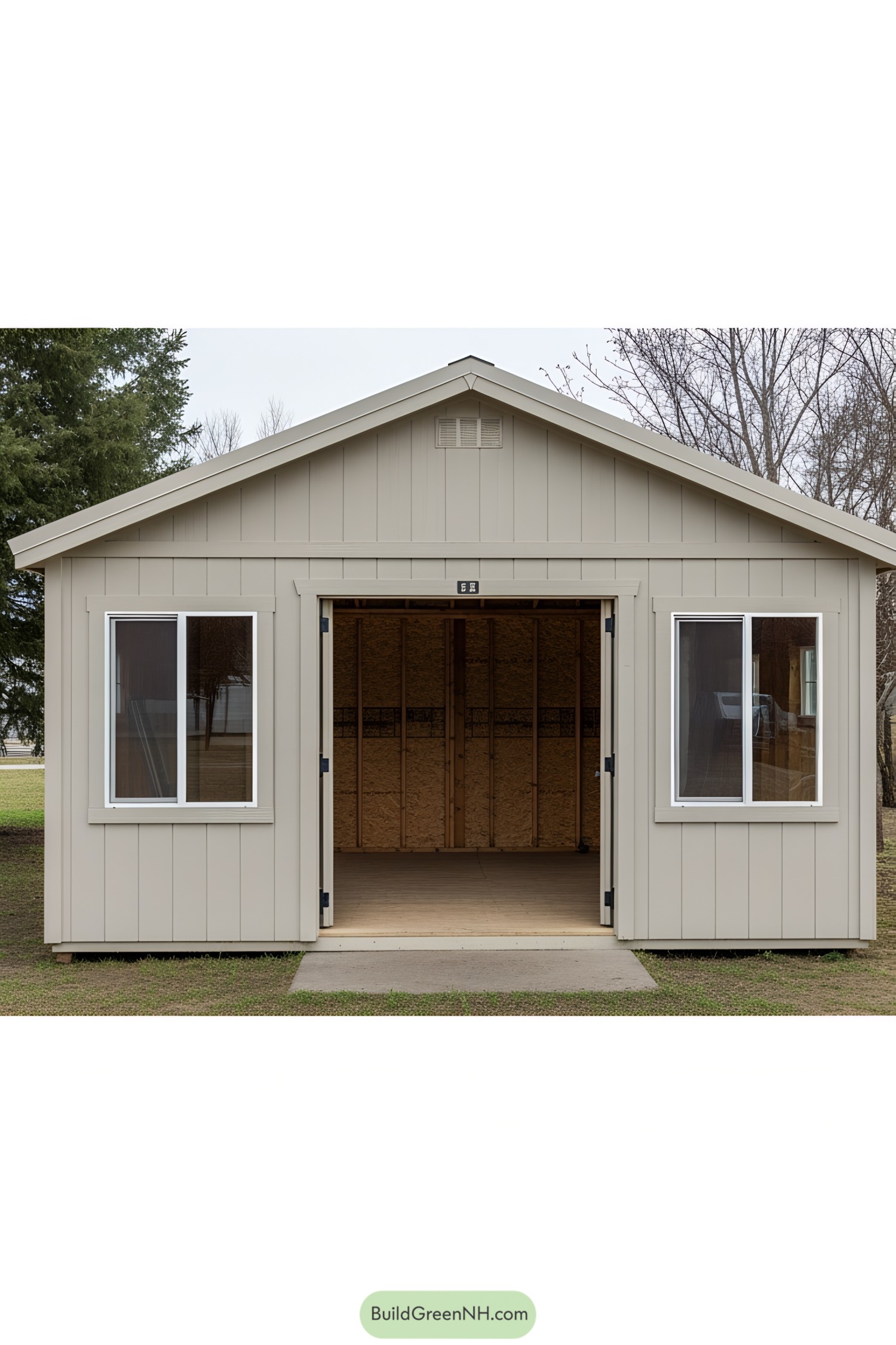 Simple gym shed with open doors and two windows