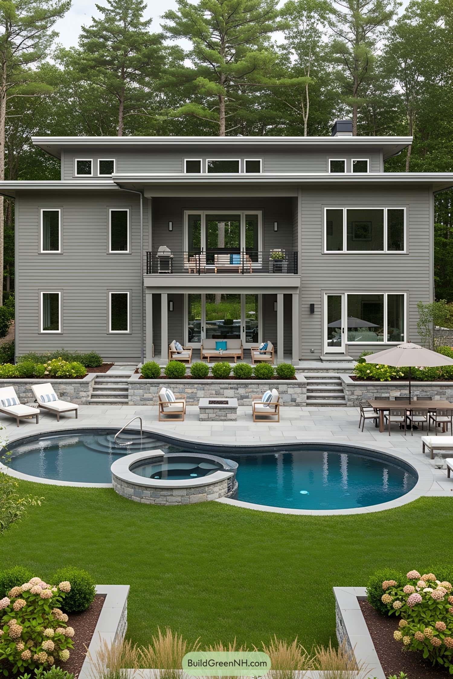 Modern house with balcony, pool, and outdoor seating