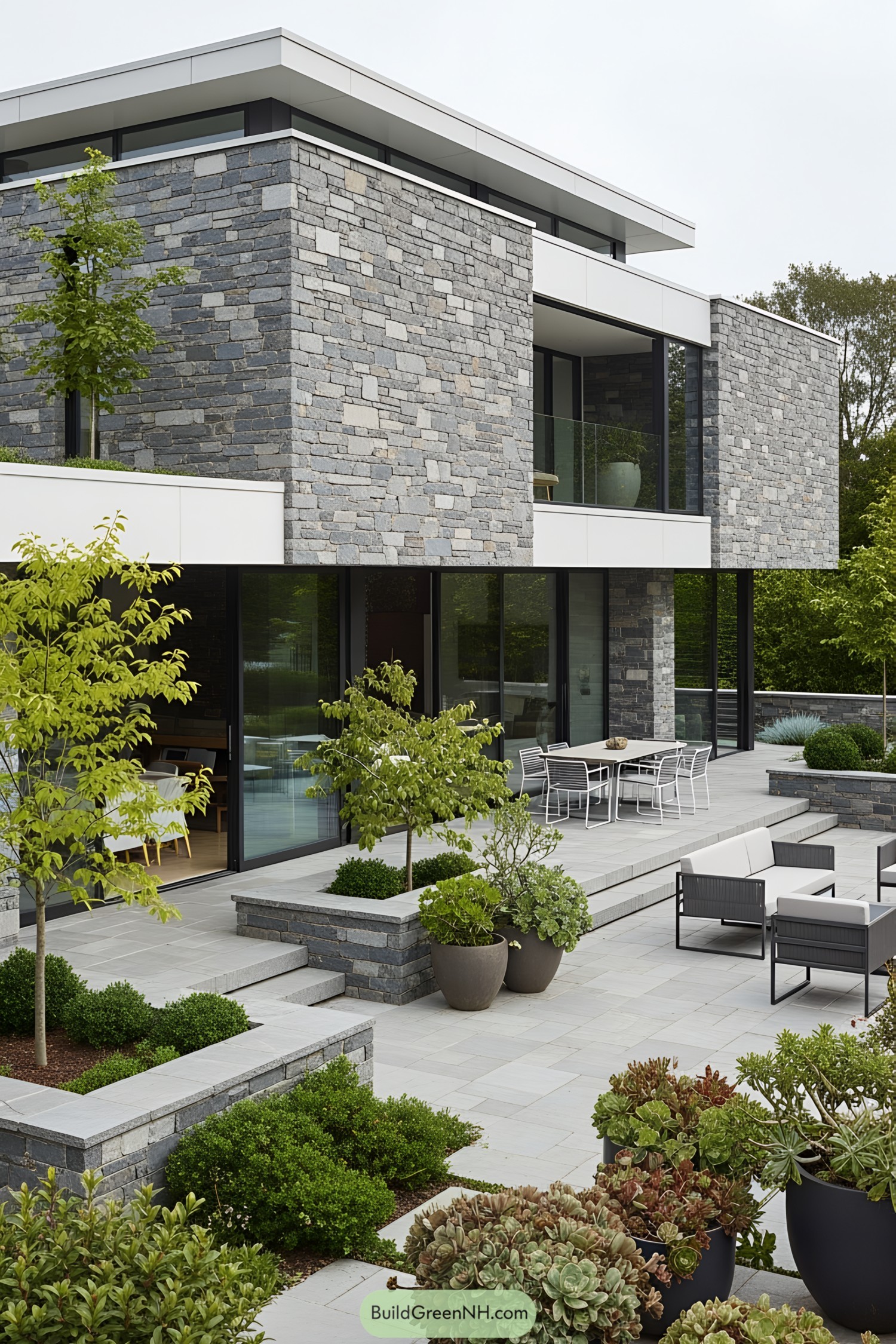 Stone-clad modern house with expansive terrace