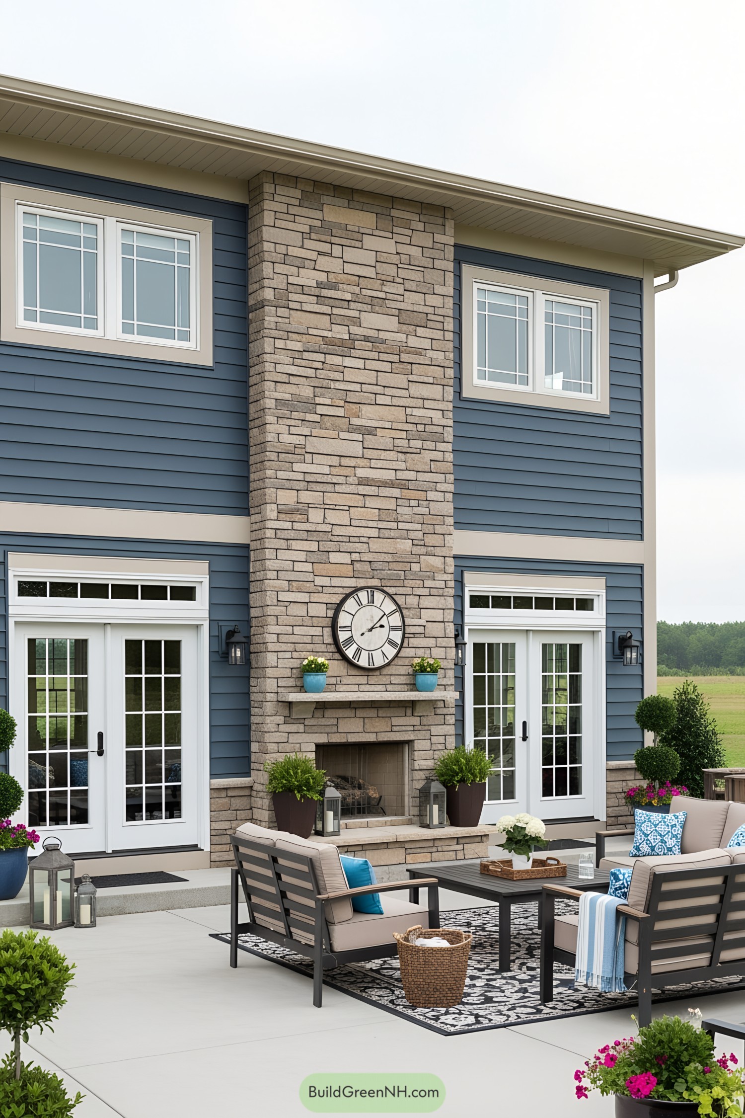 Charming exterior with stone fireplace and elegant patio furniture