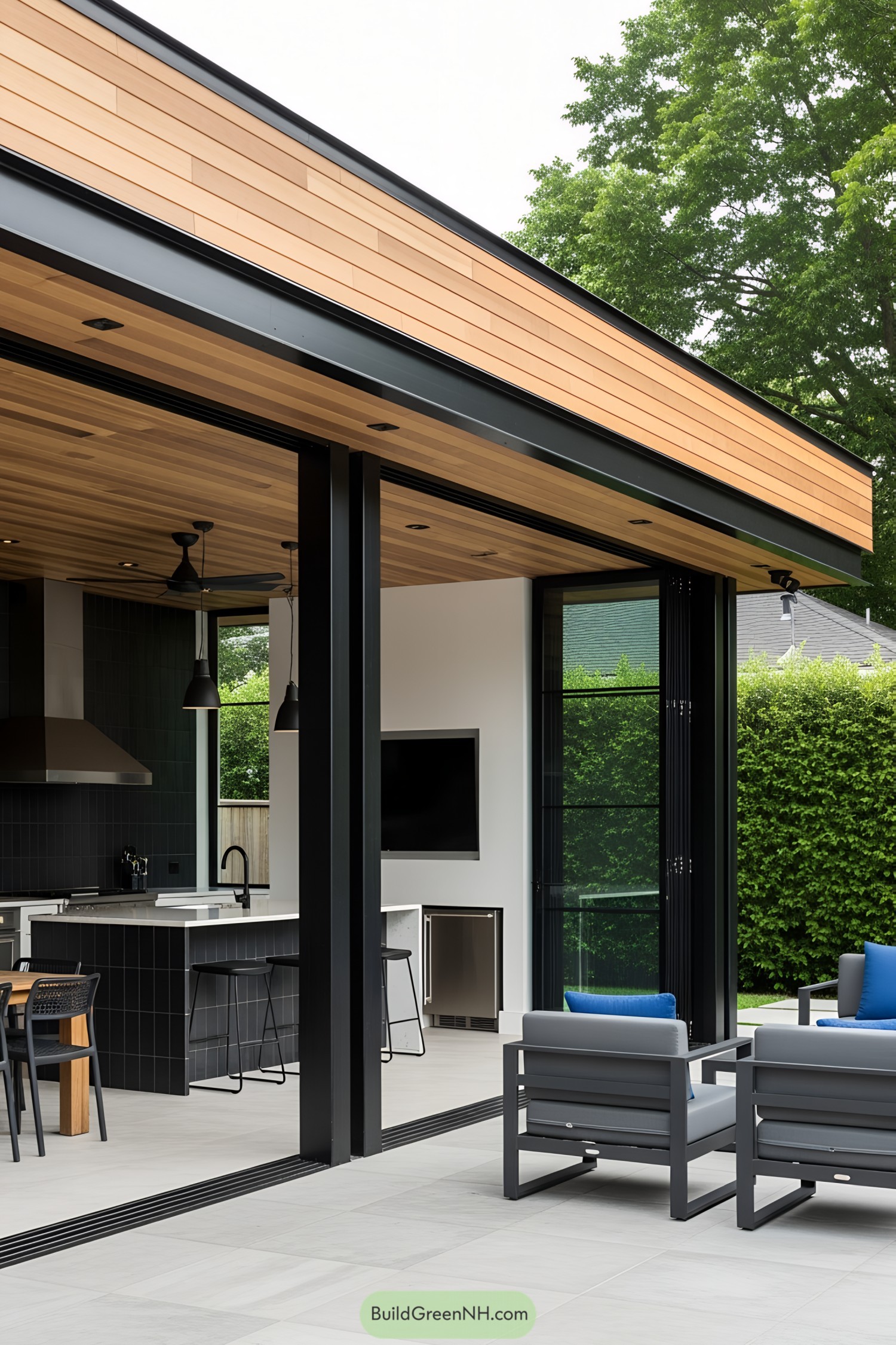 Modern house with open kitchen patio and lounge area