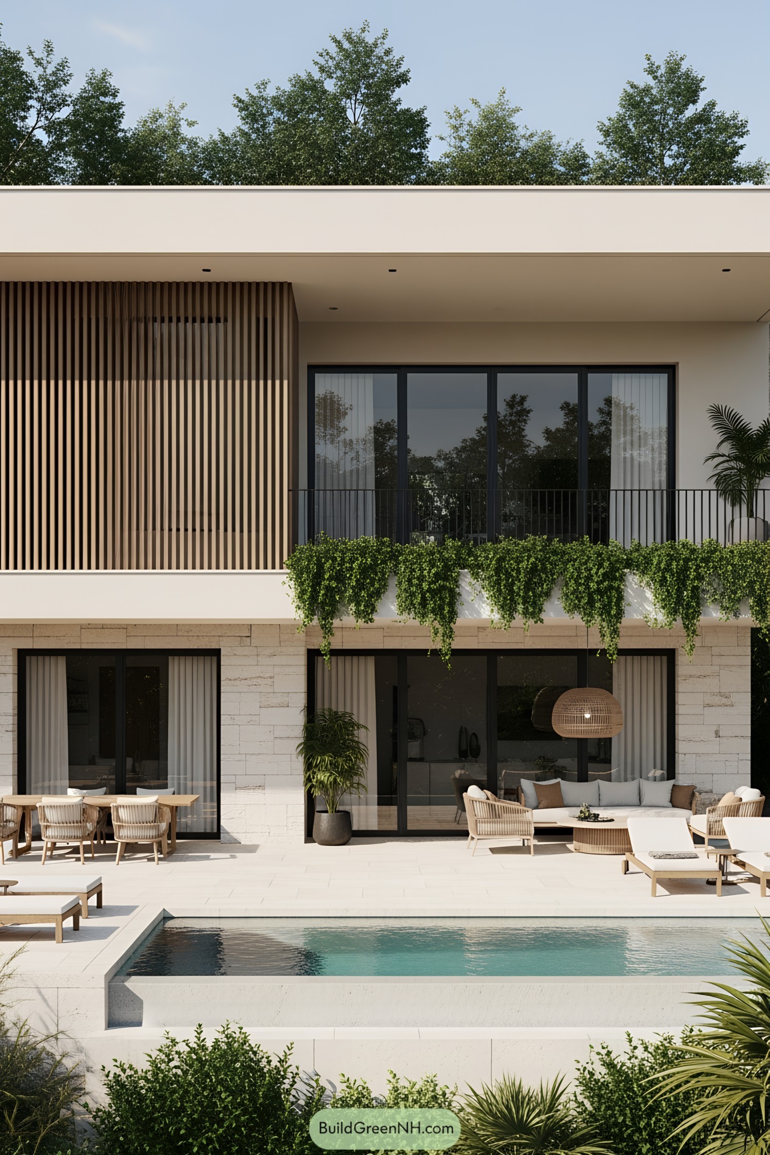 Modern house with a chic poolside and lush plants