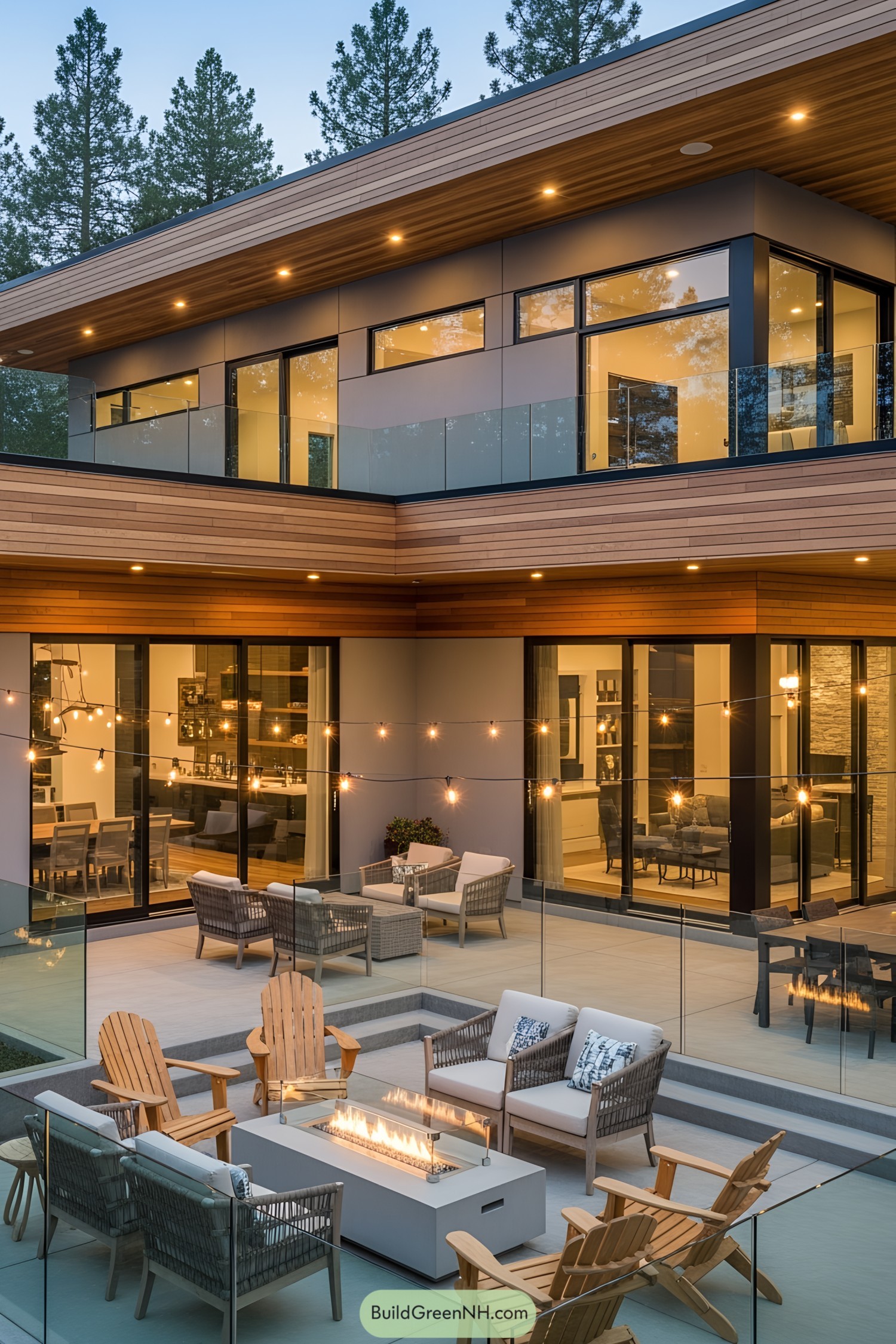 Modern house with lit outdoor area at dusk