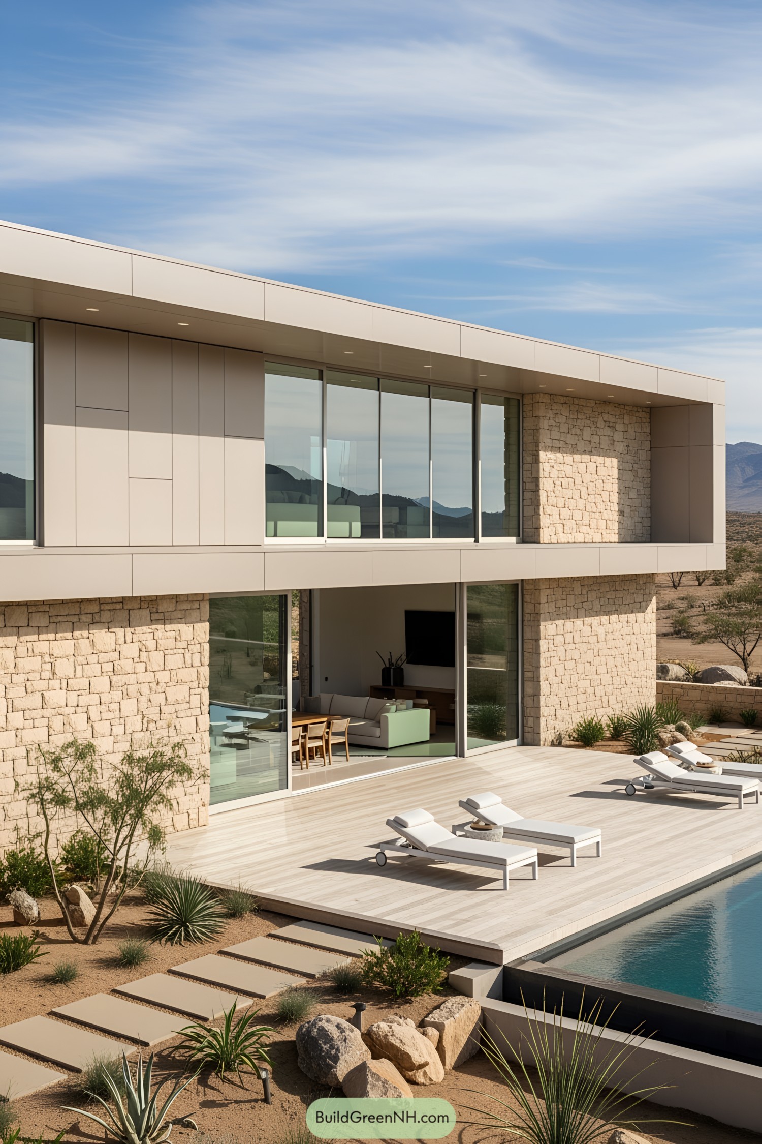 Modern home with large windows and a sleek poolside patio