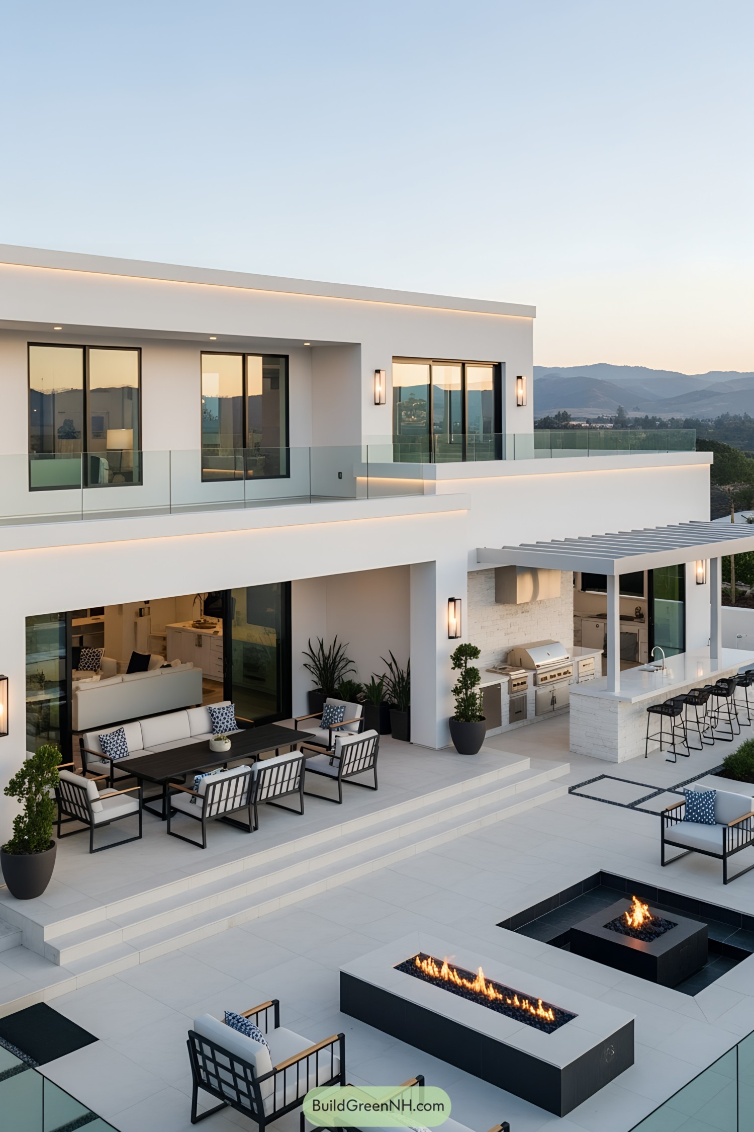Modern patio with fire pit and outdoor kitchen