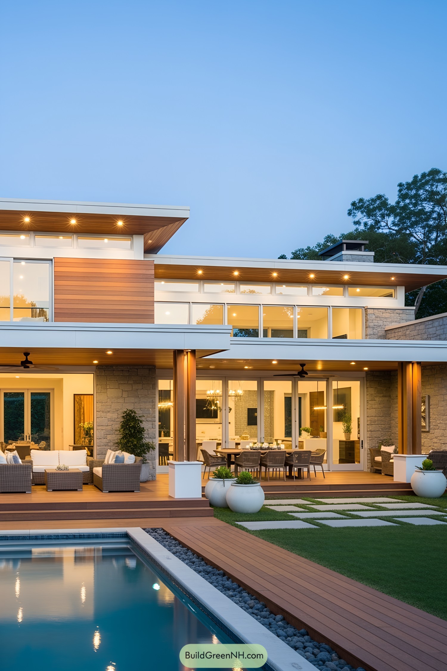 Modern house with large patio and pool in evening light