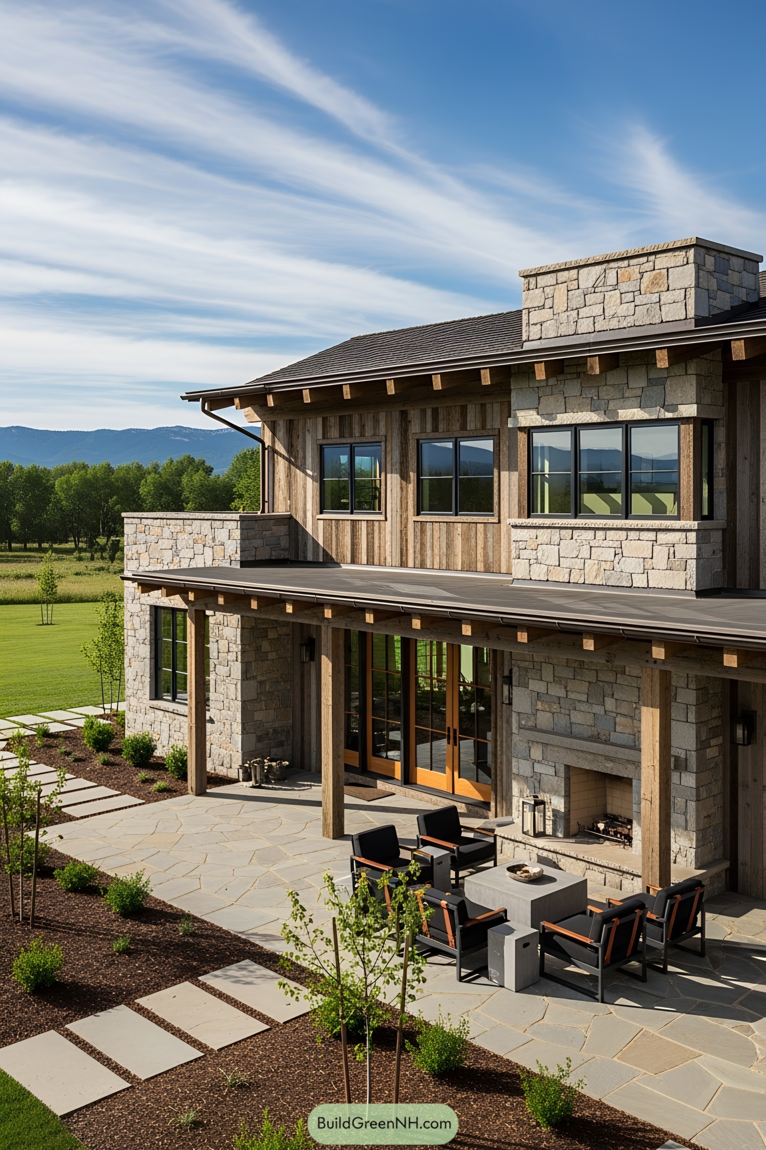Outdoor seating area with modern chairs and fireplace, set against a scenic backdrop