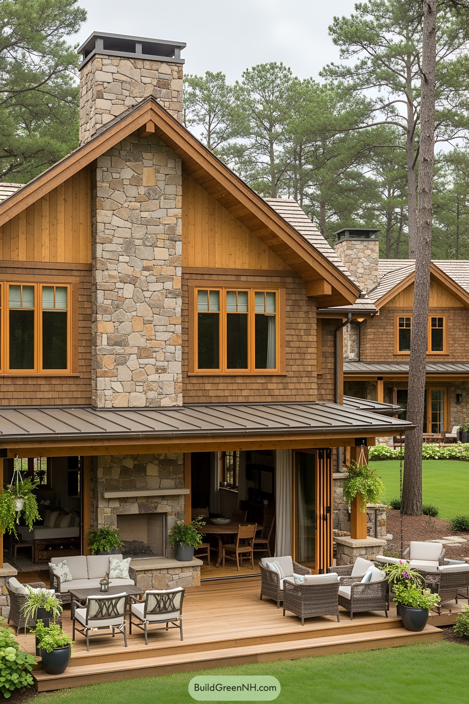 Wooden house with outdoor seating area and fireplace