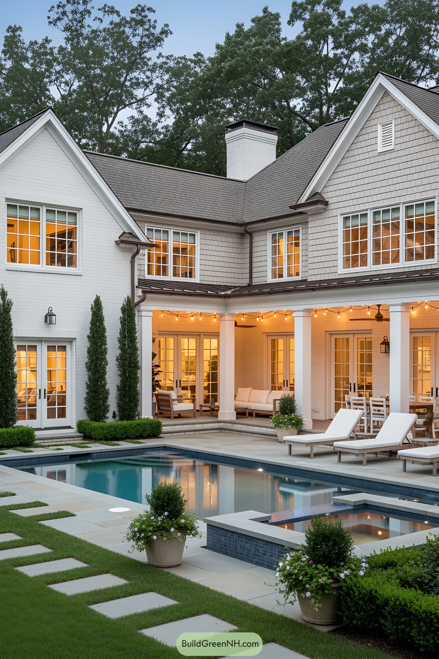 House with a stylish poolside area and inviting patio