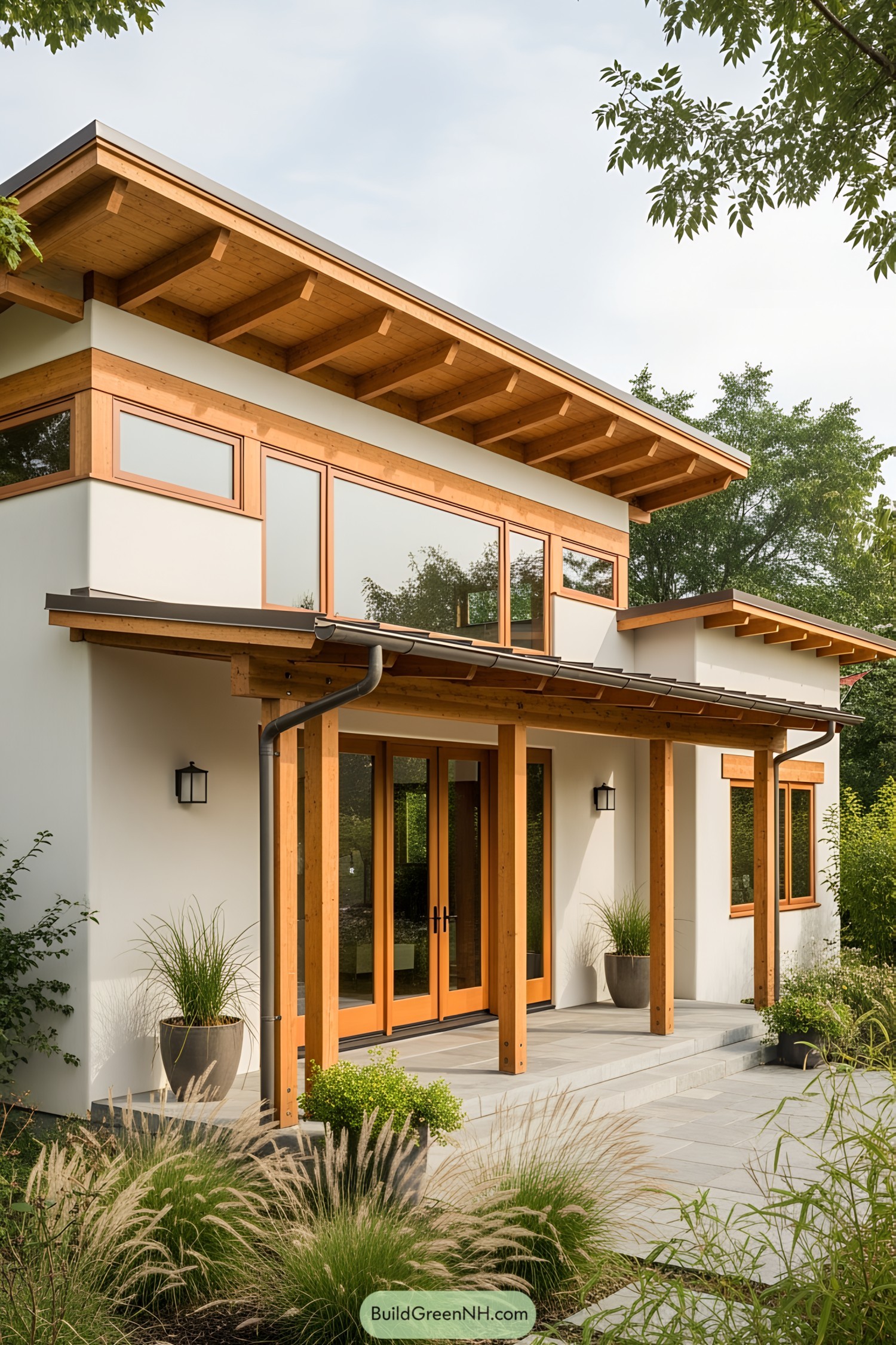 Modern house with prominent wooden beams under a serene sky