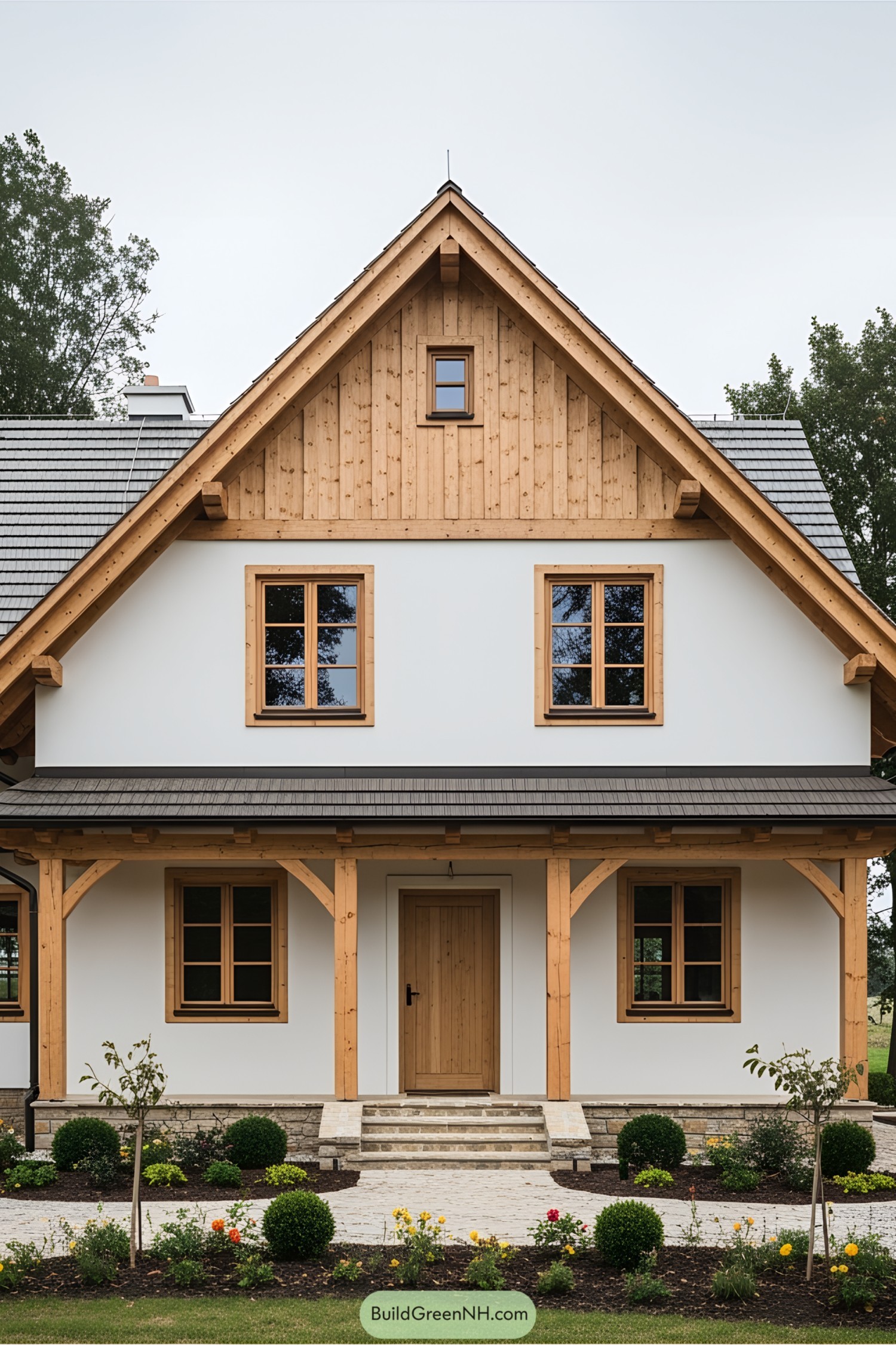House with wooden beams and a garden