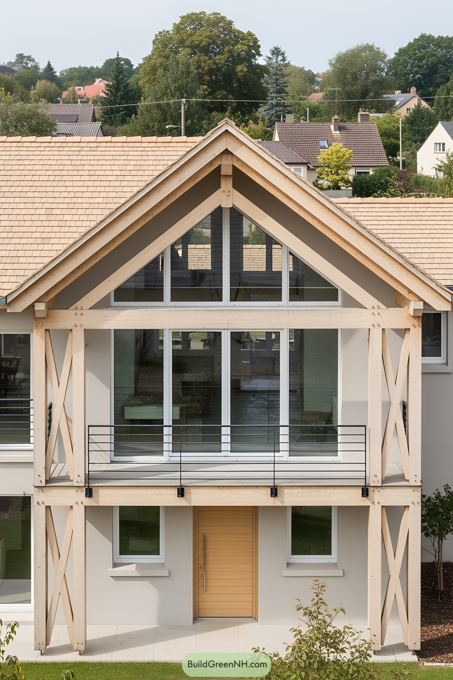 Modern house with exposed wooden beams and large windows