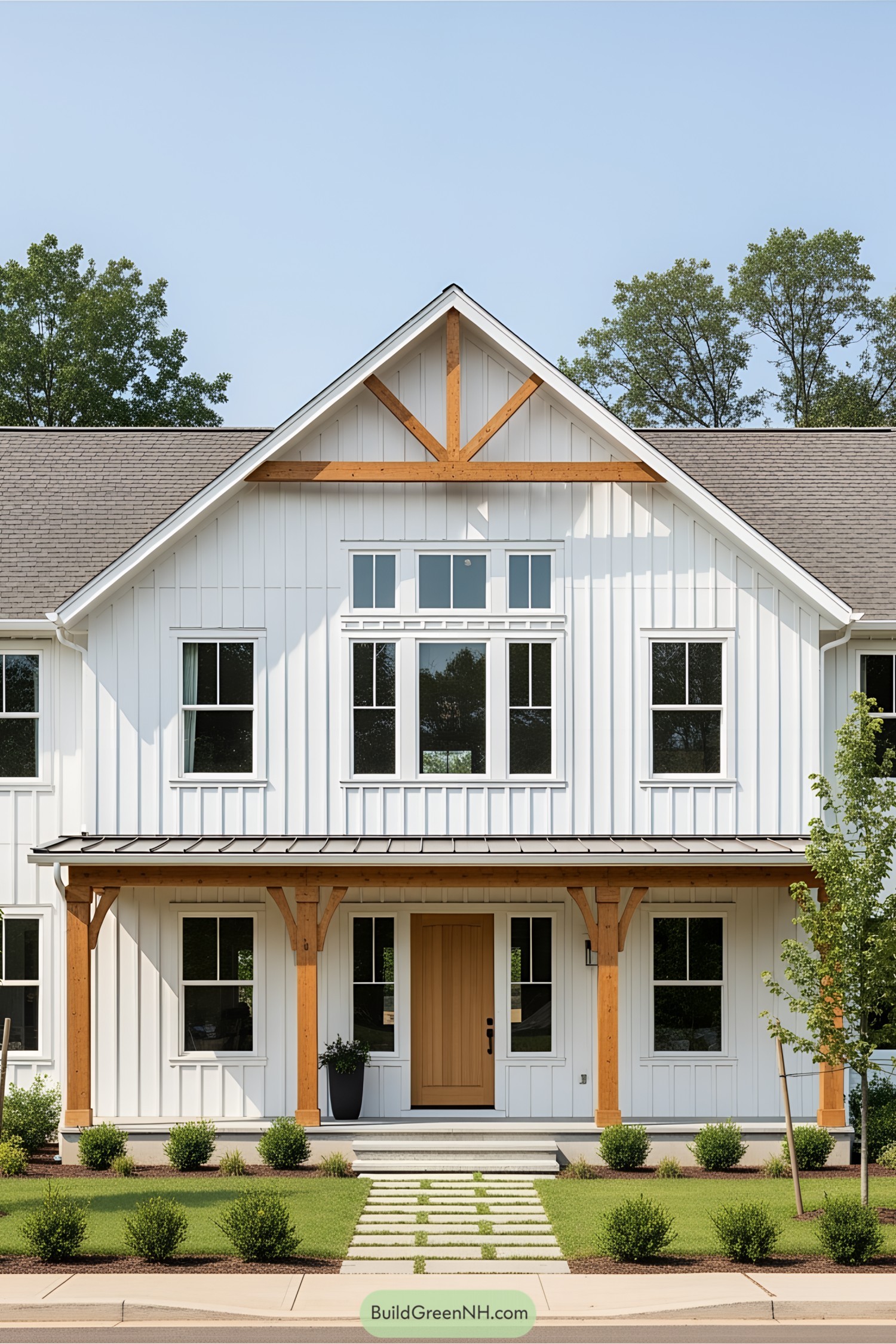 House with wooden beams and large windows