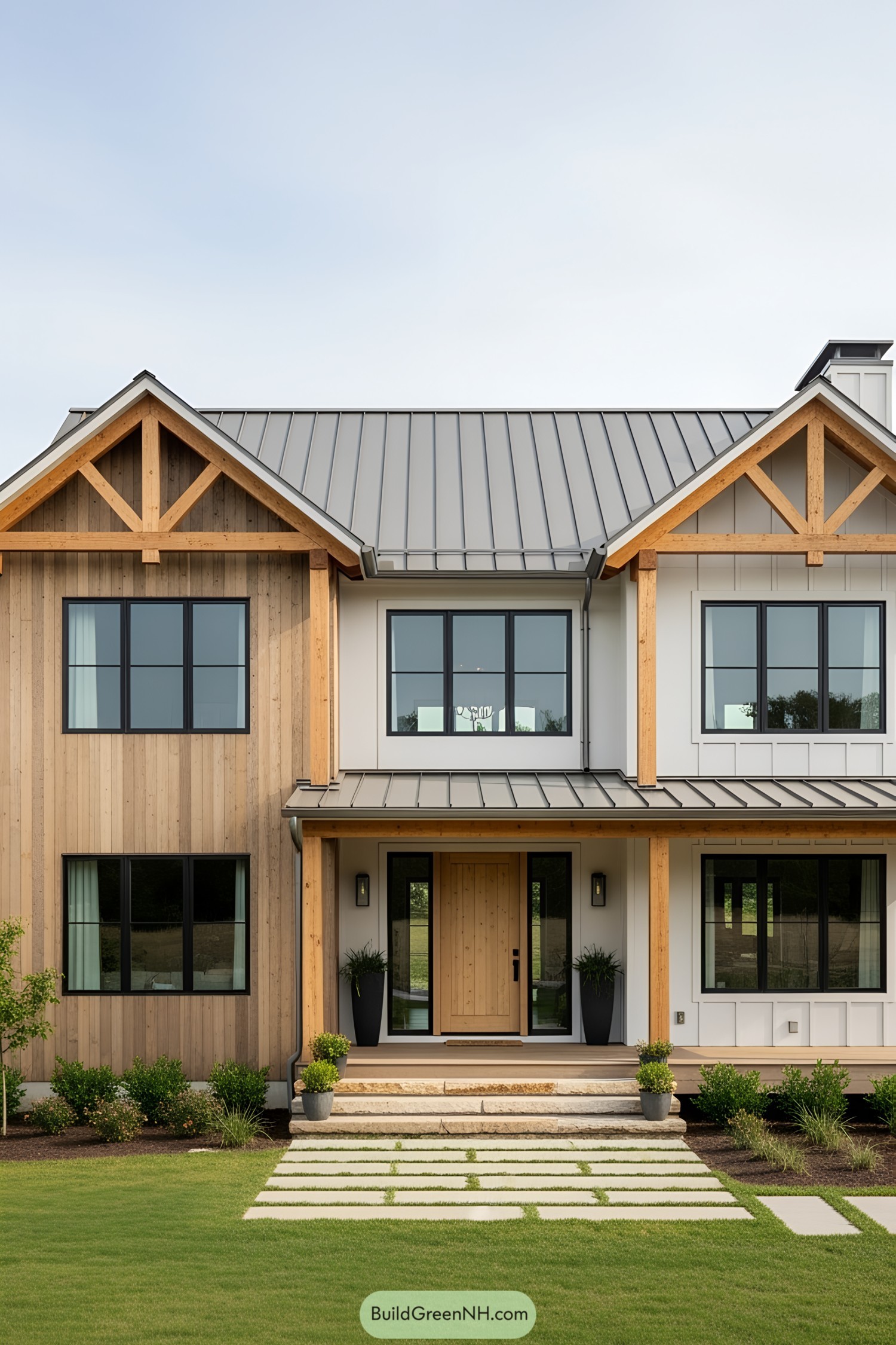 Front view of house with wooden beams and modern design