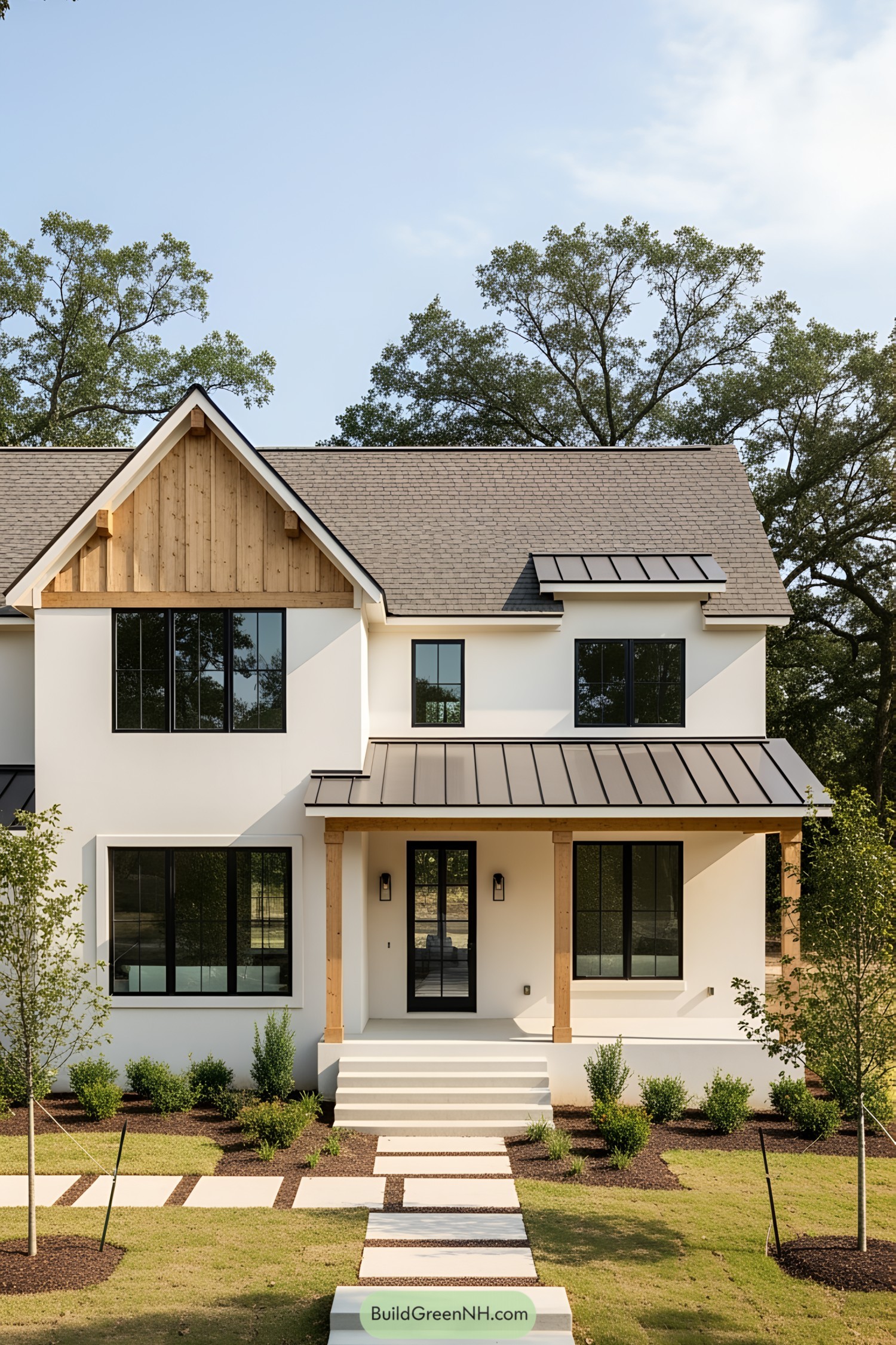 Modern house with wooden beams and large windows
