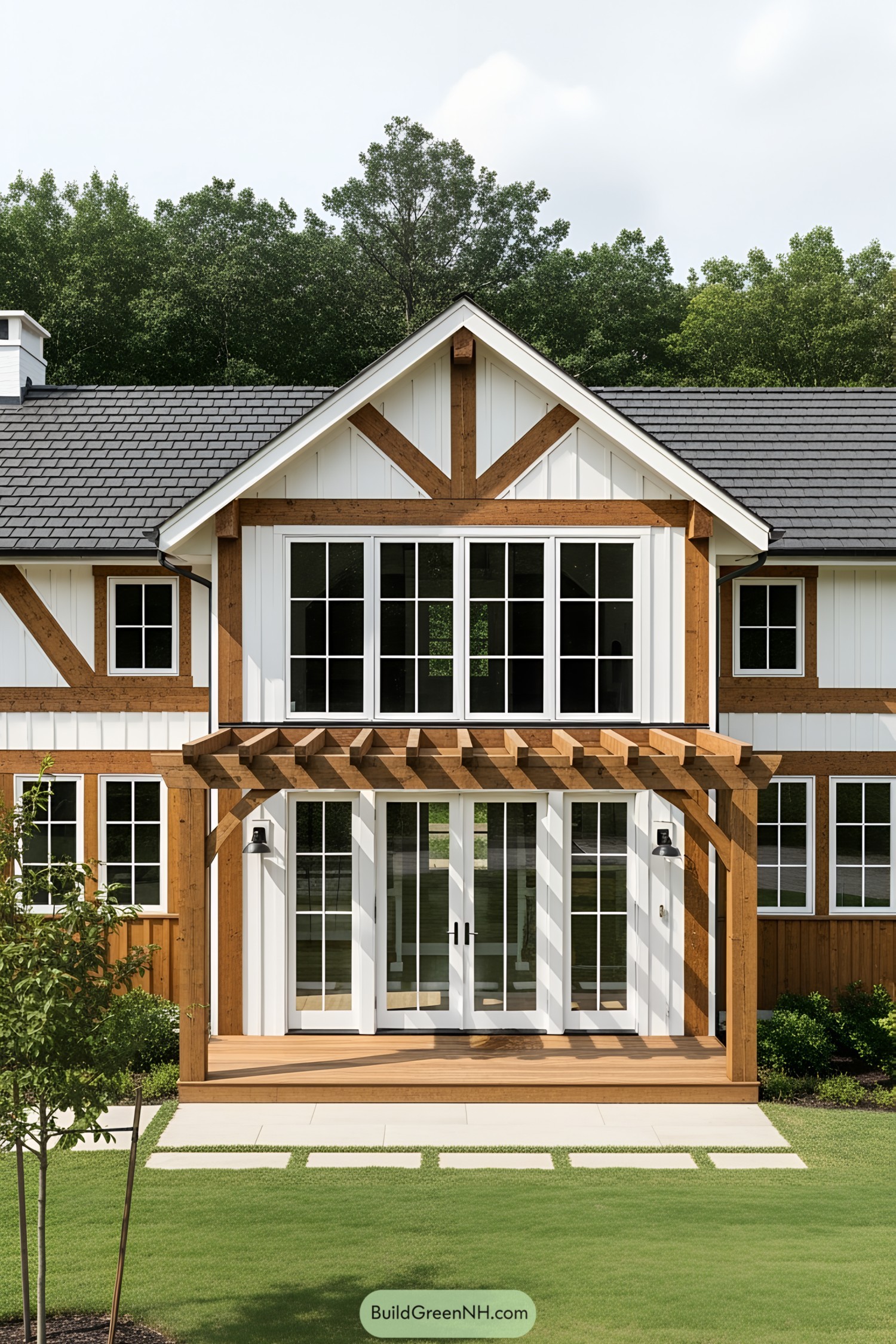 Wooden house façade with large windows