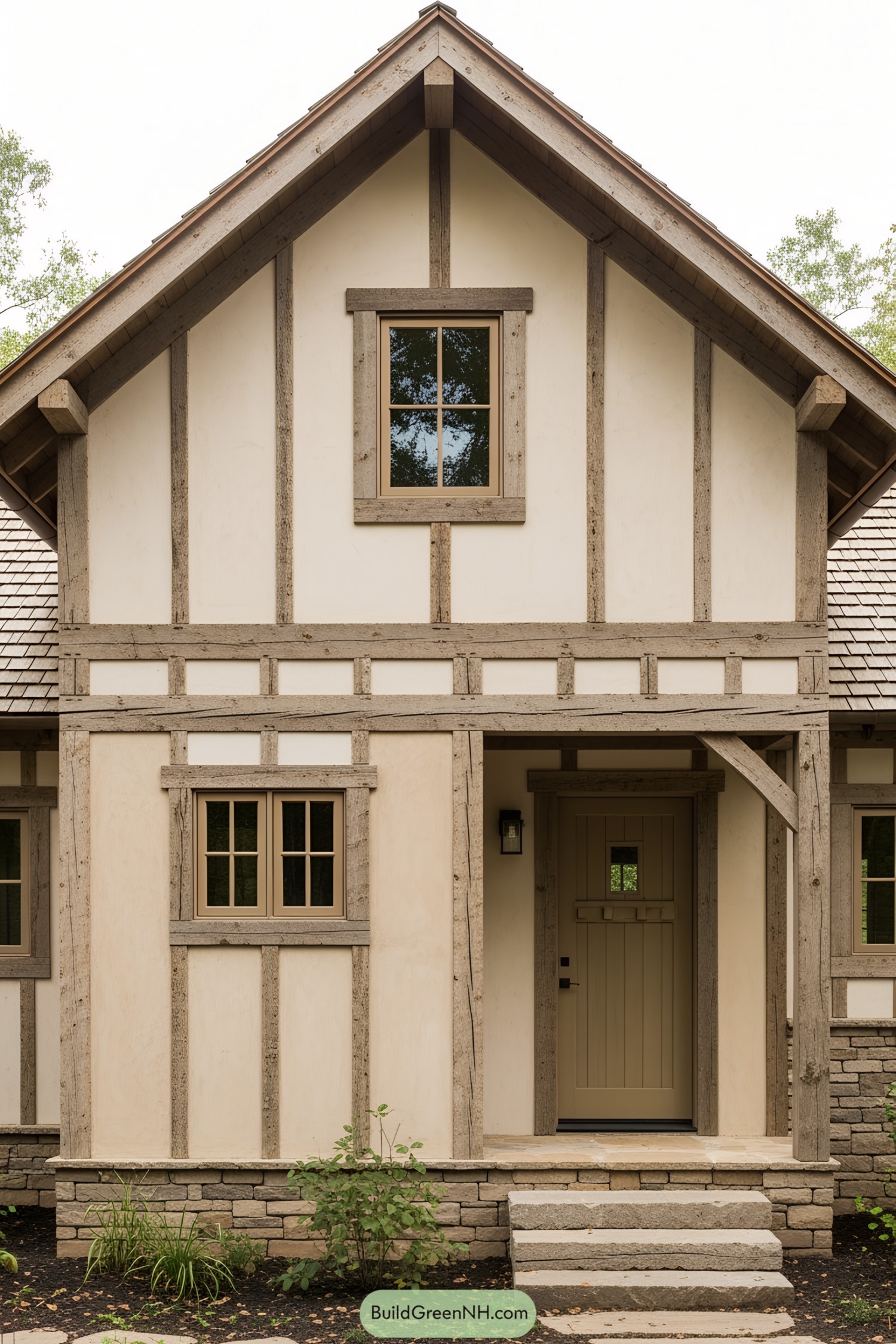 House with wooden beams on the exterior facade