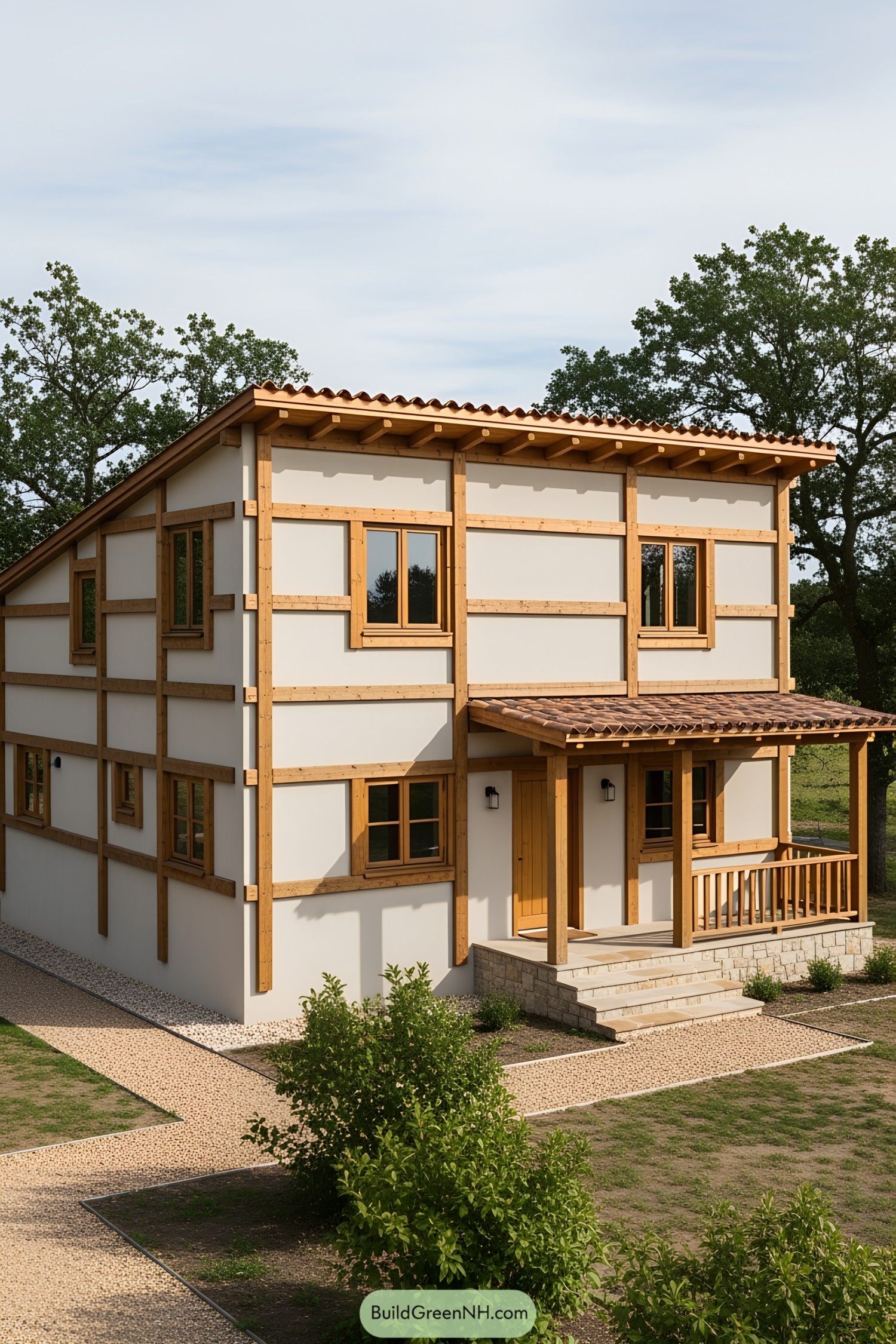 Wooden beams adorn a modern house