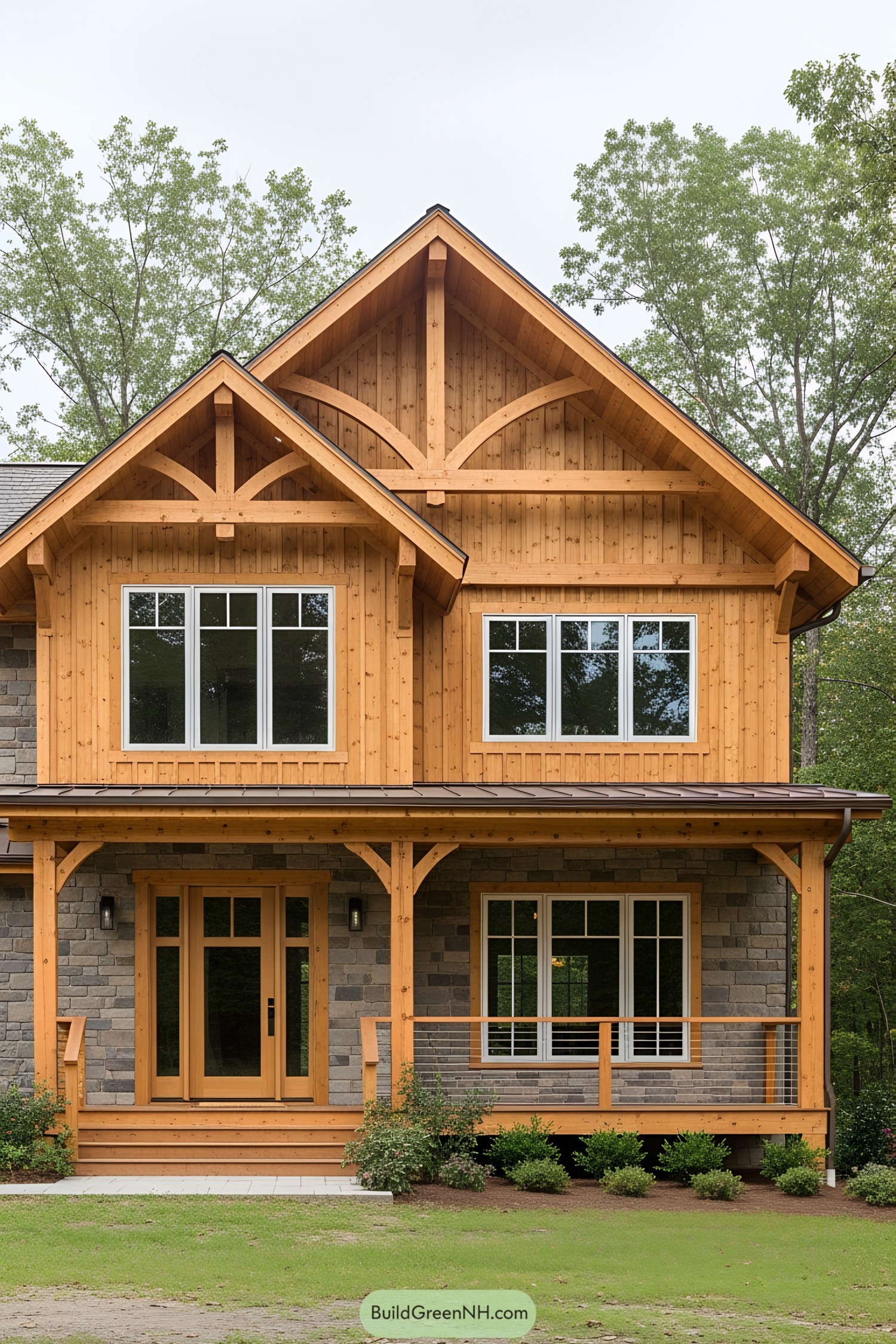 Wooden house with prominent beams and large windows