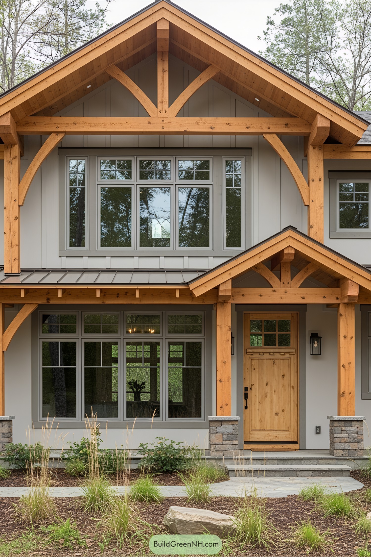 Wooden beams create a striking facade on a modern house