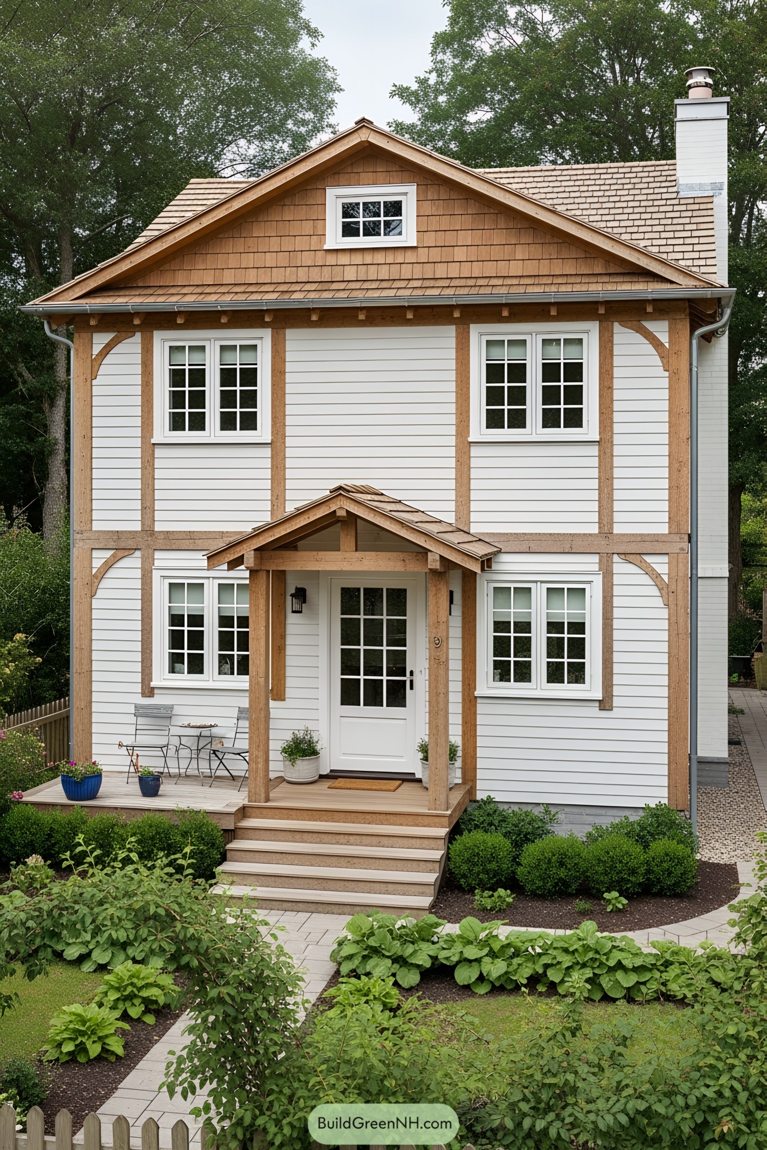 A quaint house with visible wooden beams and a garden path
