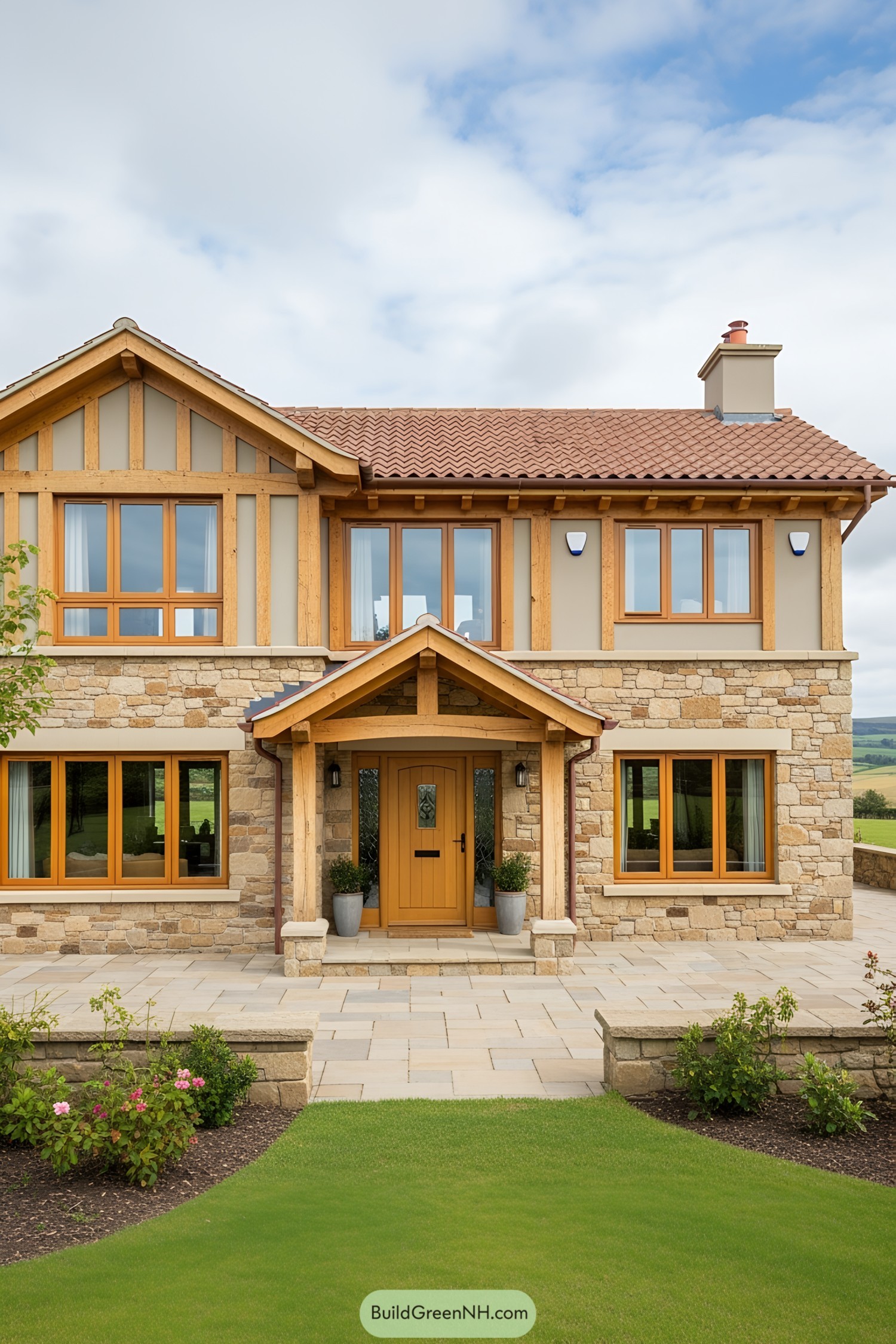 House with wooden beams and stone facade