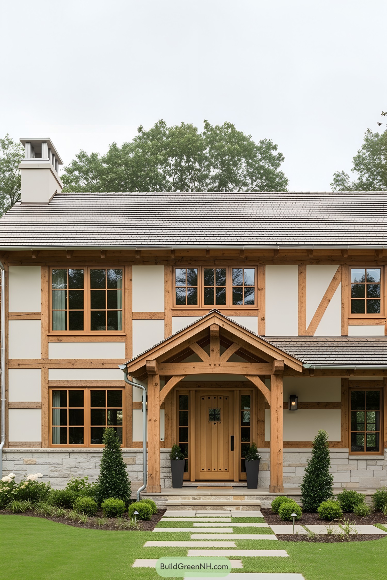 House with exposed wooden beams and lush garden