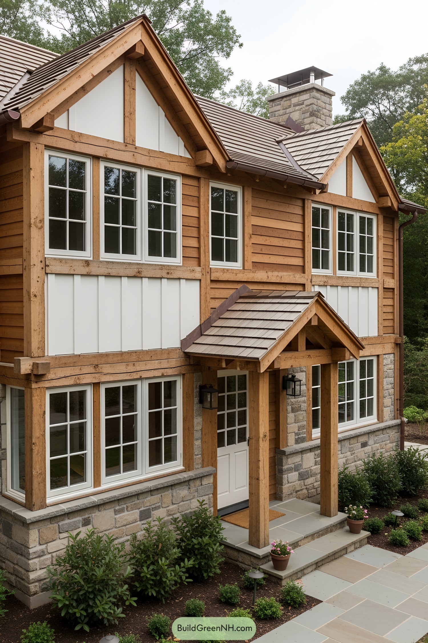 House with wooden beams and stone facade
