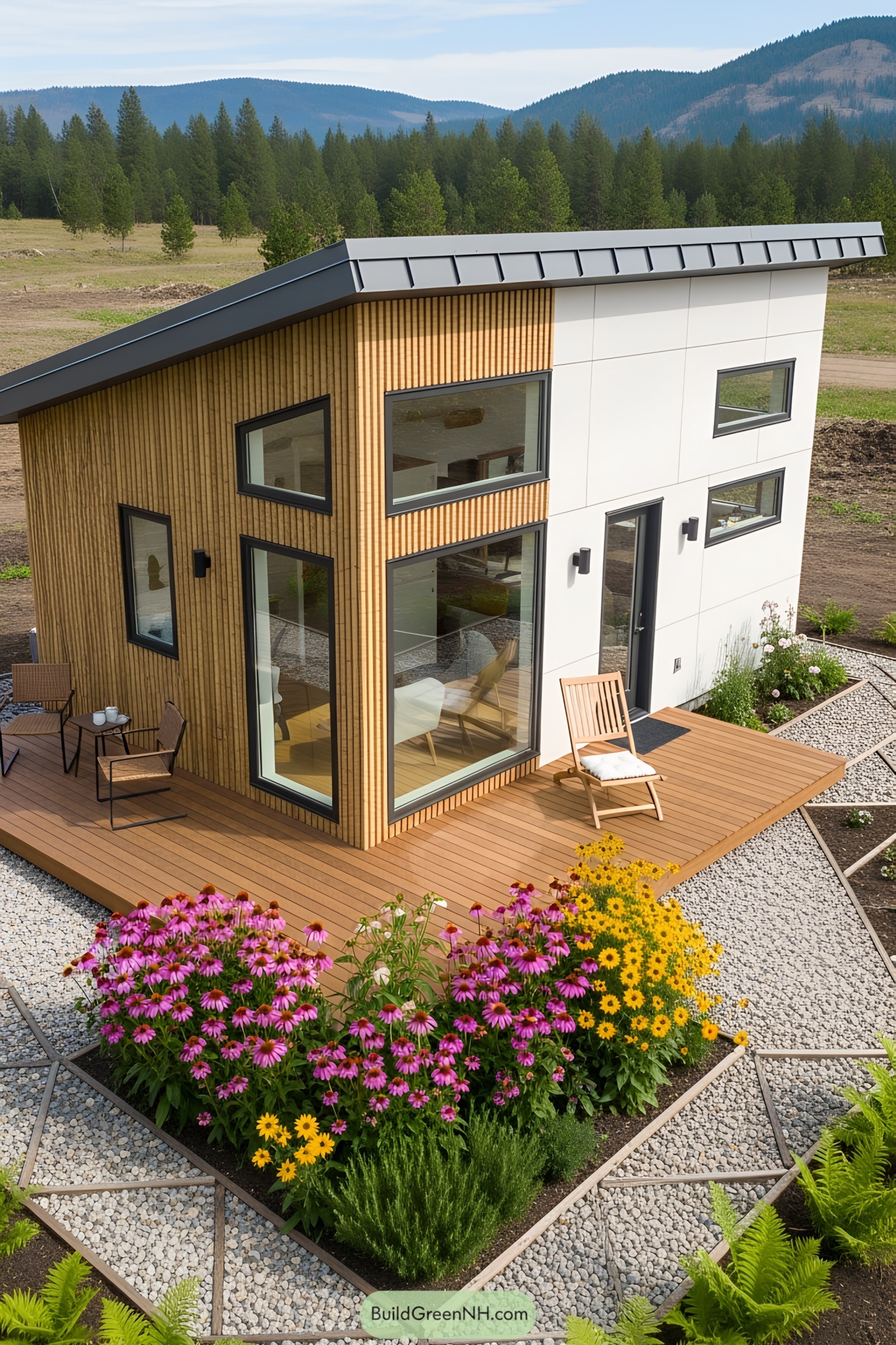 Tiny home with deck, large windows, and vibrant garden