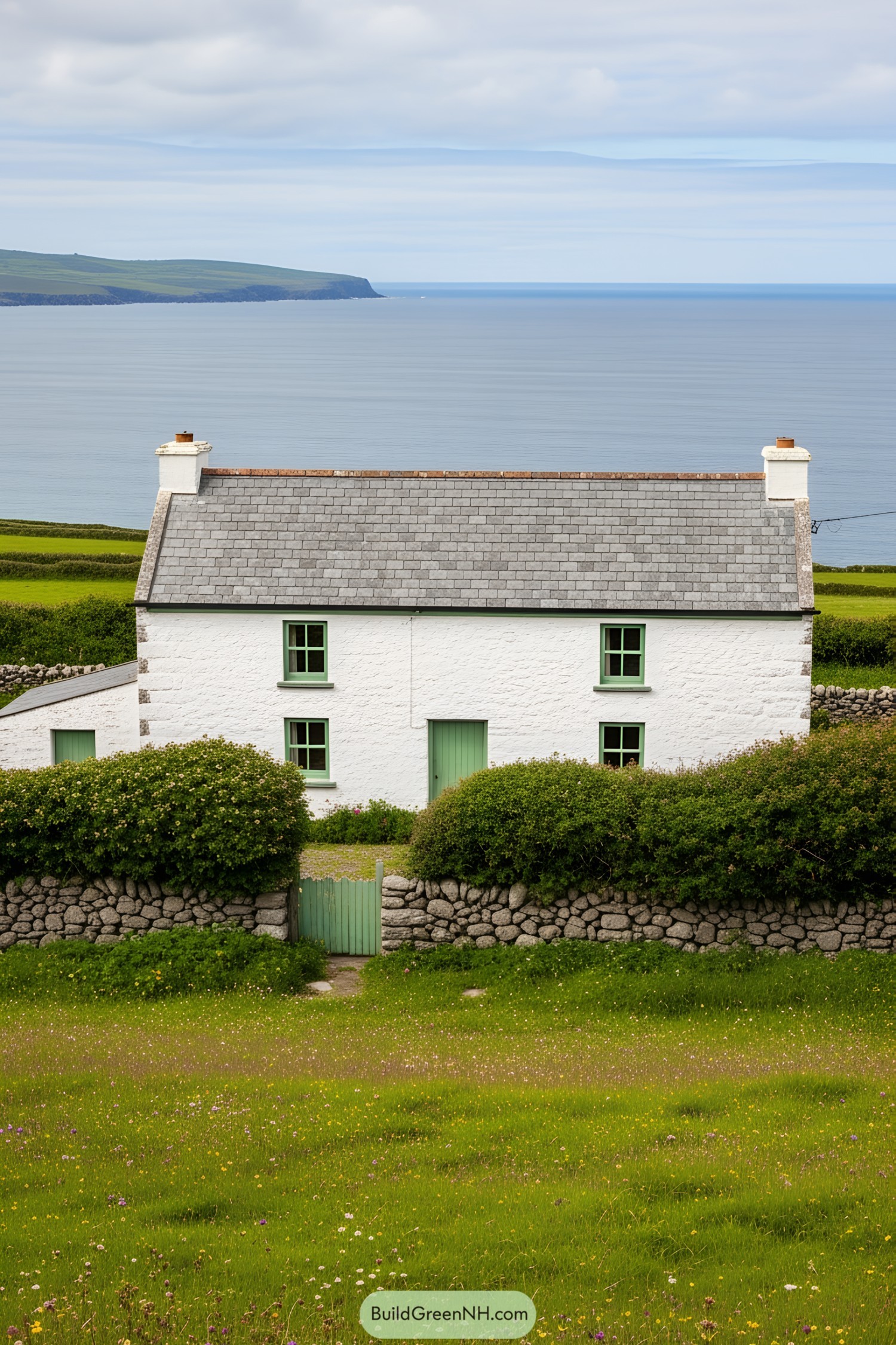 White farmhouse with light green windows and lush surroundings