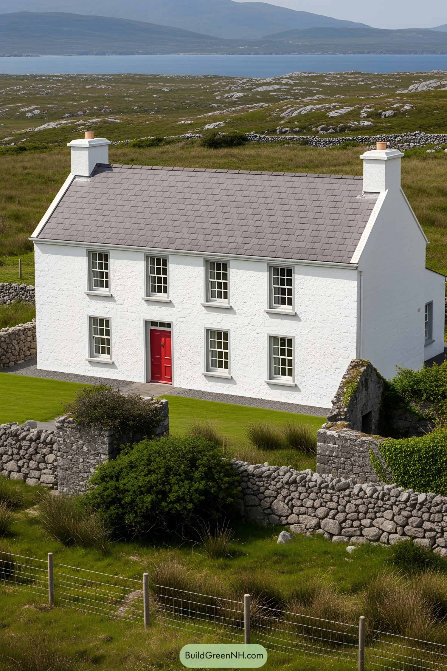 White farmhouse with a red door and stone walls